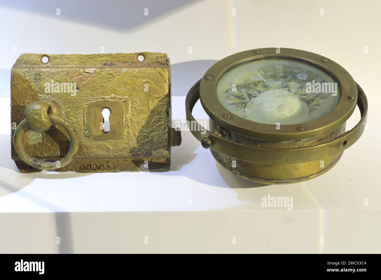 France, Nord, Dunkirk, Dunkerque Museum 1940 / Operation Dynamo located in one of the casemates of Bastion 32, lock from the wreck of the British cargo ship Gourko scuttled in 1940 and navigation compass from the wreck of the Devonia stranded during Operation Dynamo Stock Photo