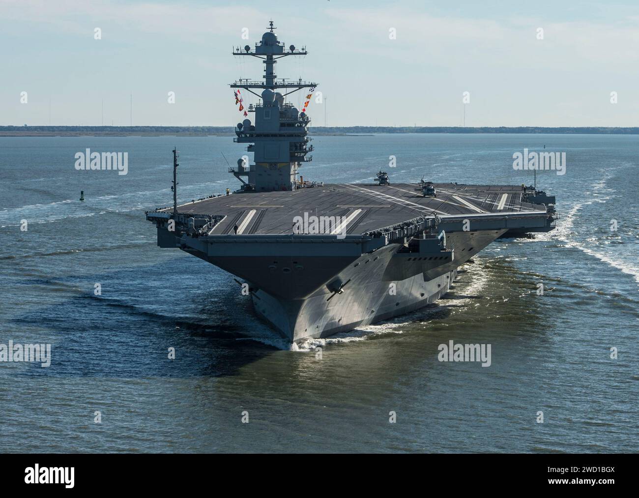 The future USS Gerald R. Ford underway on its own power for the first time. Stock Photo