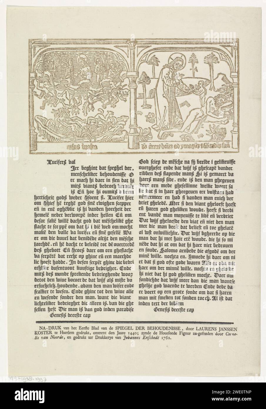 Fall of Lucifer (Satan) and the creation of Eva, Cornelis van Noorde, 1762 print On the left the fall of Lucifer (Satan) and on the right the creation of Eva from an Adam rib. In a frame two lines of Latin text. Below two columns with Dutch text. Haarlem paper letterpress printing the fall of Satan, fall of Lucifer. creation of Eve Stock Photo