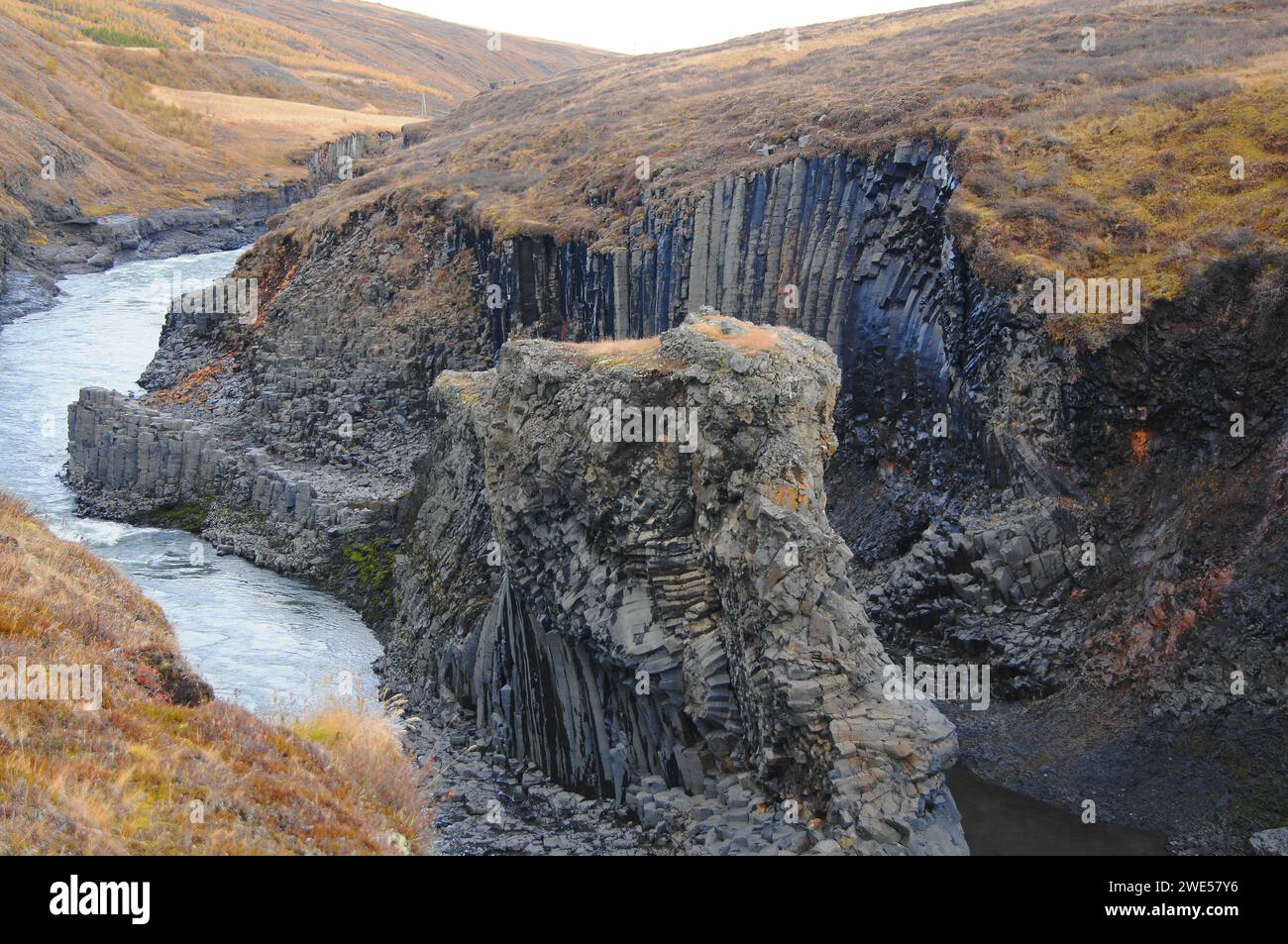 Basalt Rock Columns and Glacial River at Studlagil Canyon, Jokuldalur, East Iceland Stock Photo