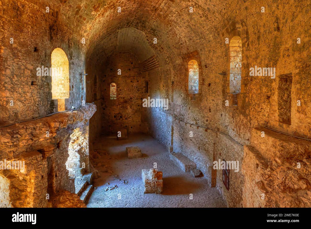 Interior view of a historic fortress with stone vaults and walls, Chlemoutsi, High Medieval Crusader castle, Kyllini peninsula, Peloponnese, Greece Stock Photo