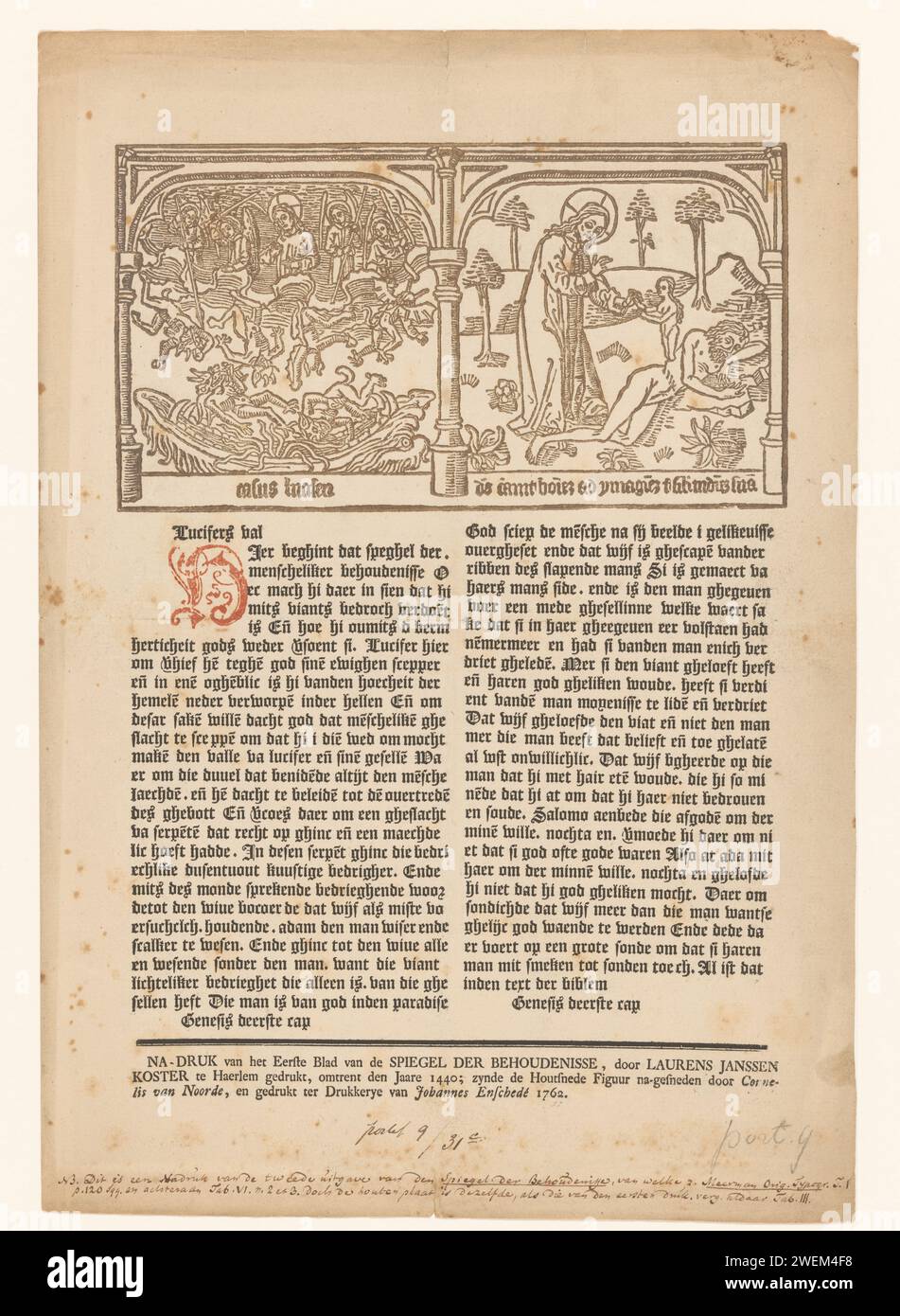 Fall of Lucifer (Satan) and the creation of Eva, Cornelis van Noorde, 1741 - 1780 print On the left the fall of Lucifer (Satan) and on the right the creation of Eva from an Adam rib. In a frame two lines of Latin text. Below two columns with Dutch text.  paper letterpress printing the fall of Satan, fall of Lucifer. creation of Eve Stock Photo