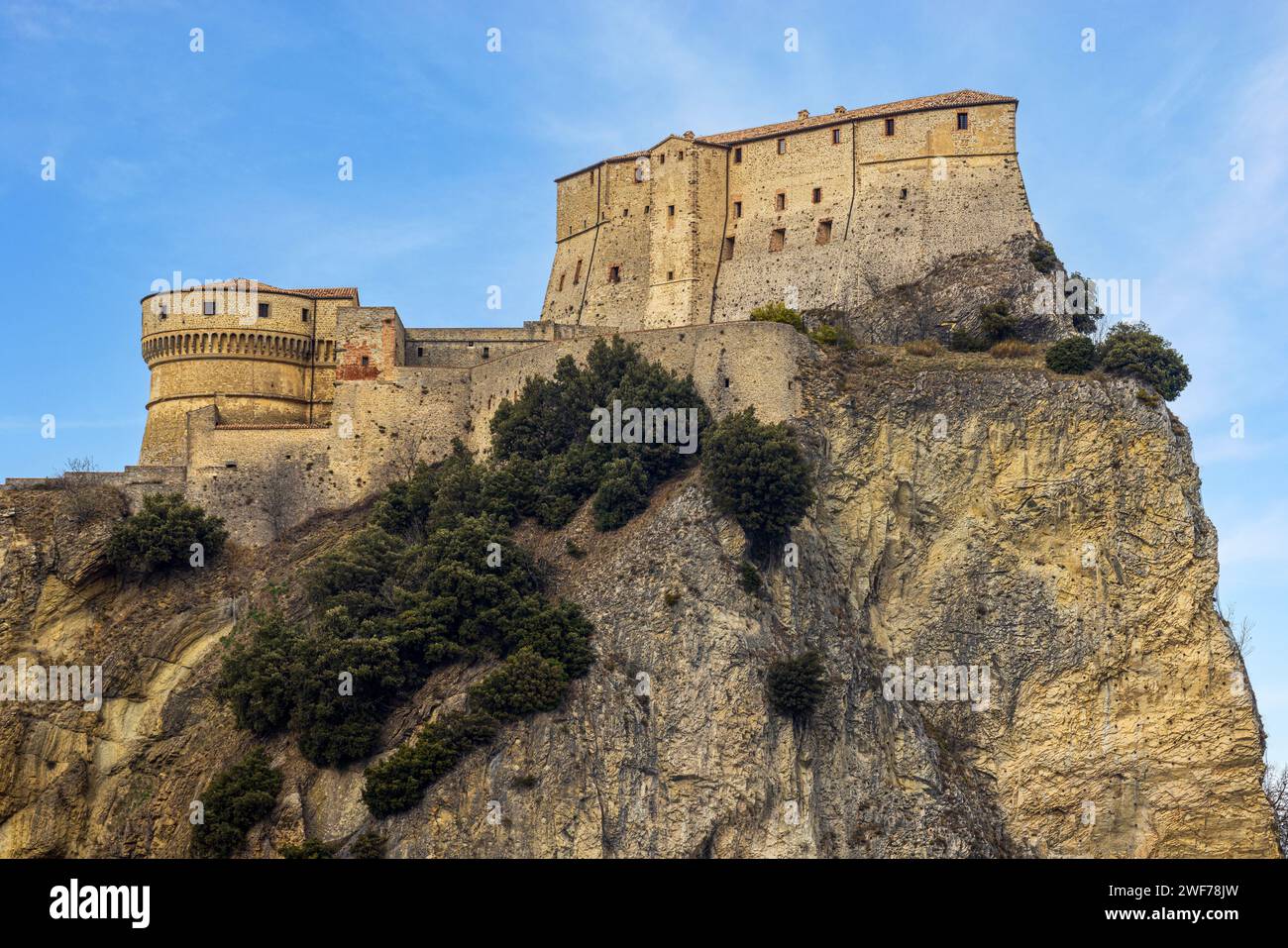 The medieval hilltop village of San Leo, Province of Rimini, Emilia-Romagna, Italy. Stock Photo