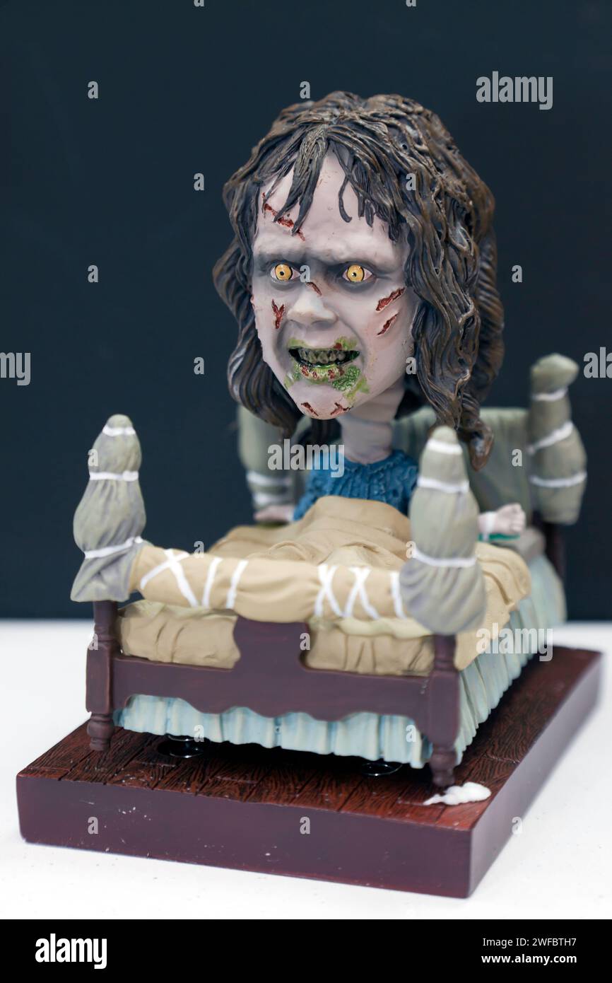 Close-up of Regan from the The Exorcist, from the Headknocker Range, of the Star Images Stand, at the 2024 Toy Fair, Olympia, London Stock Photo