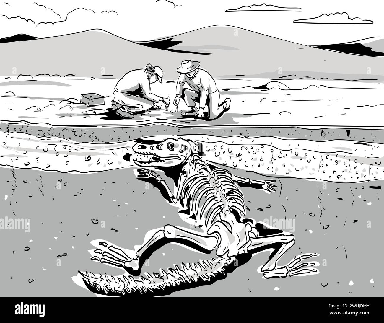 Archeologist Digging Up Fossil of Prehistoric Dinosaur Comics Style Drawing Stock Photo