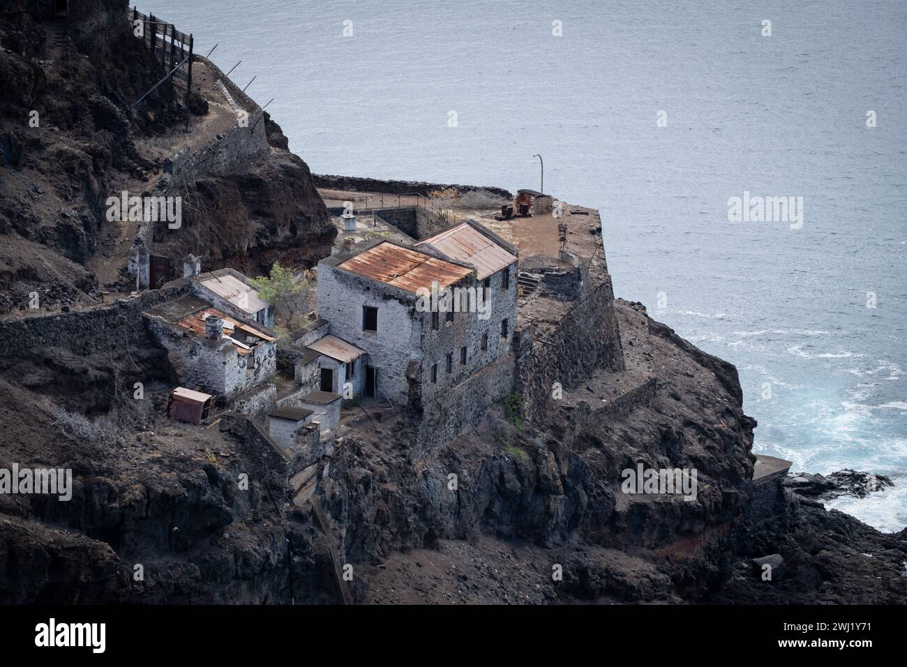 Mundens Battery on the volcanic coast of the Atlantic island of St Helena Stock Photo