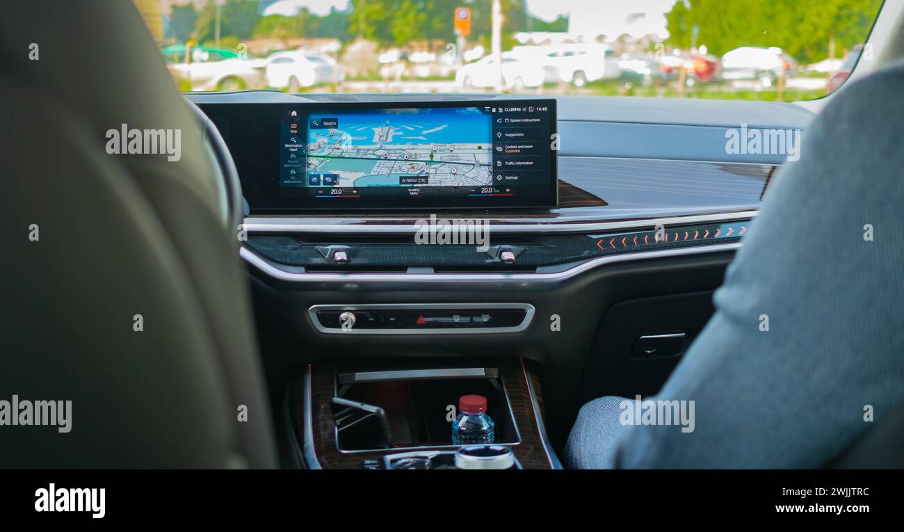 Technology in car with GPS navigator for combine with interior design in luxury car. Car dashboard screen with application of navigation or maps Stock Photo