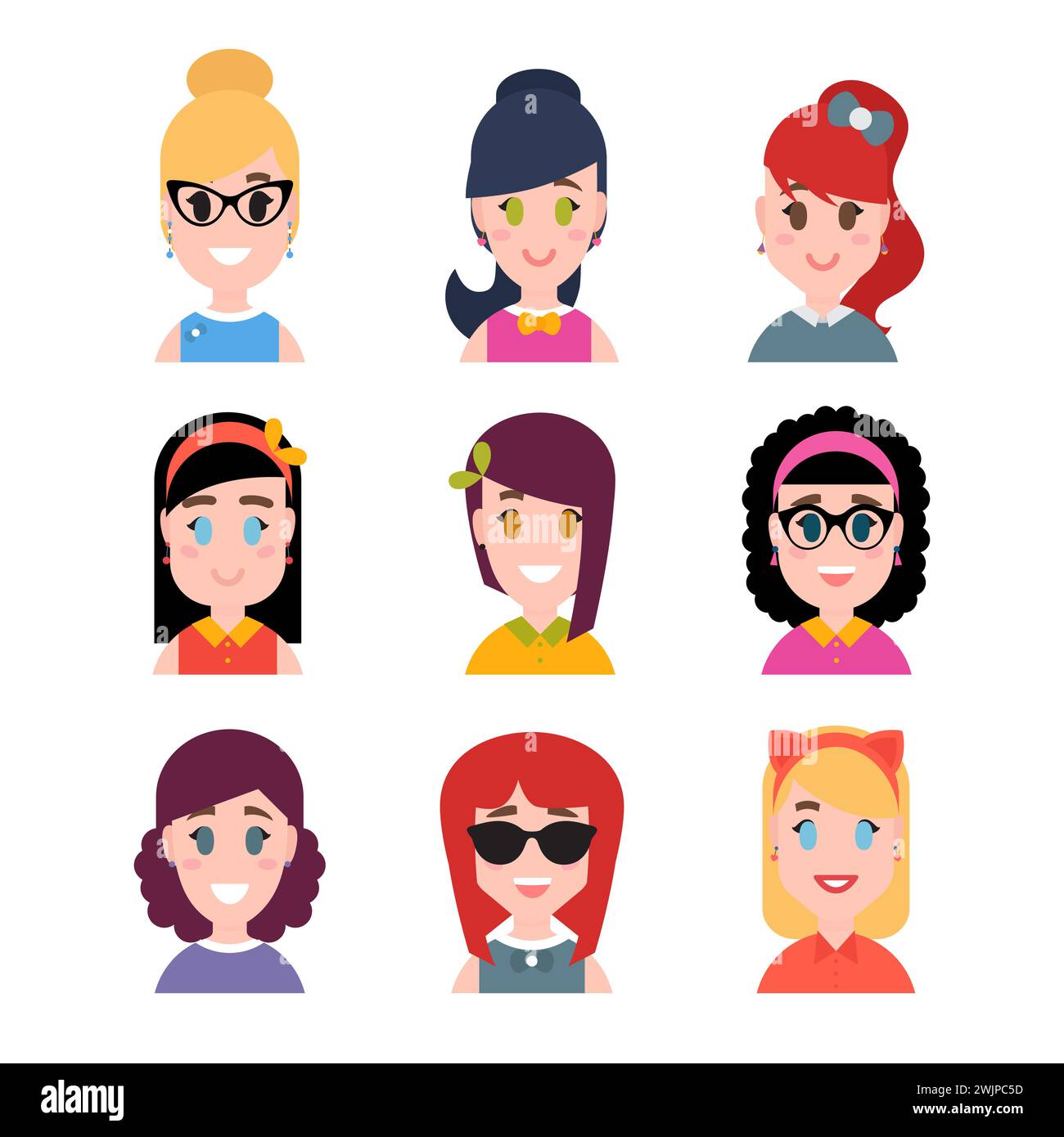 Stylized beautiful young girls and women. Avatars in cartoon flat style ...