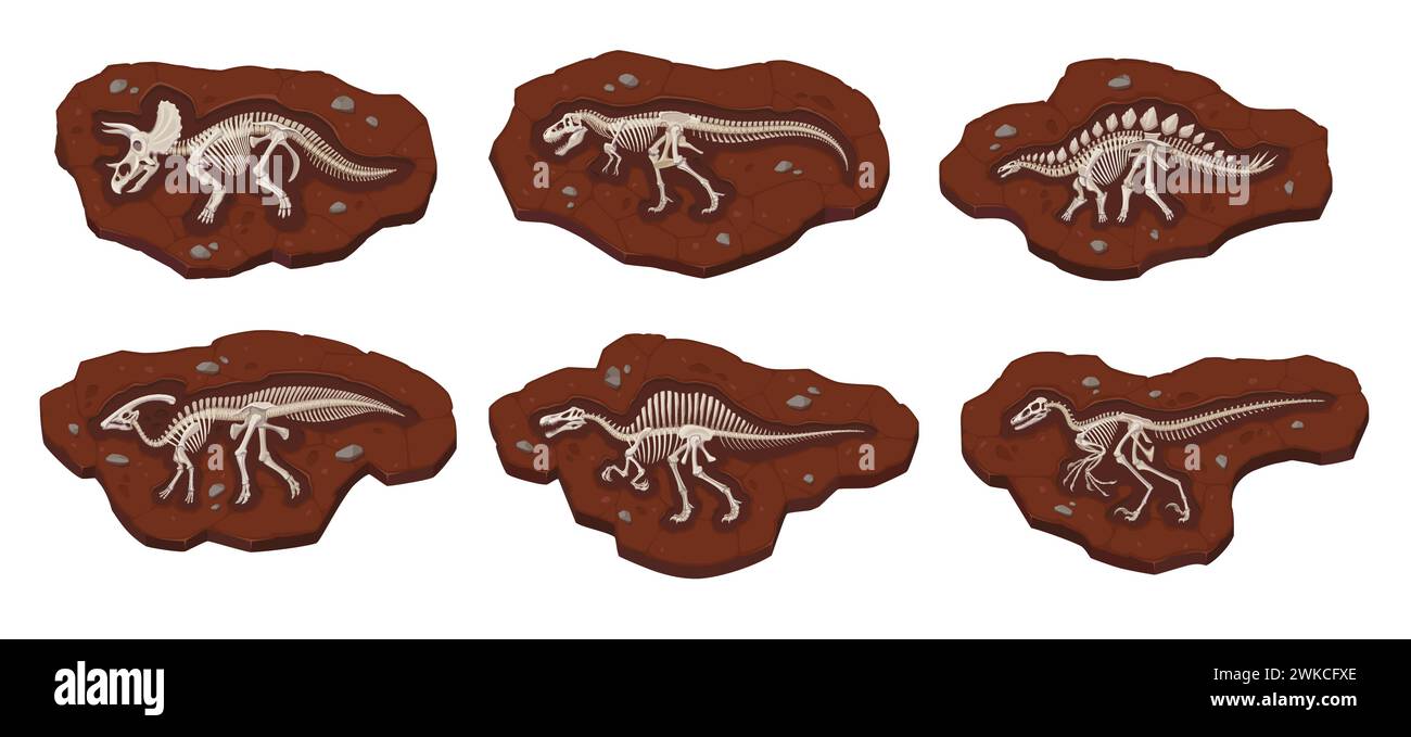 Cartoon dinosaur fossil bones. Ancient dino skeleton imprints in stone. Vector set of earth layers with full body bones. Archaeological and paleontological excavations. Studies of prehistoric animals Stock Vector