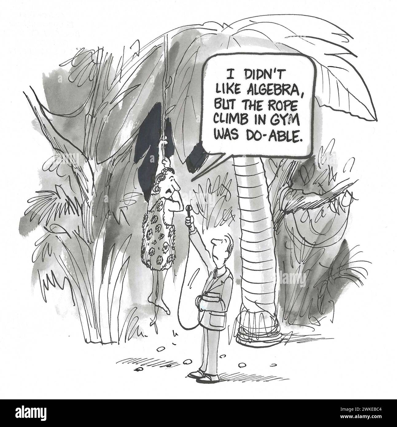 BW cartoon of a news reporter in the jungle interviewing a stoneage man.  The man is swinging on a rope - he liked rope-climing, but not algebra in hi Stock Photo