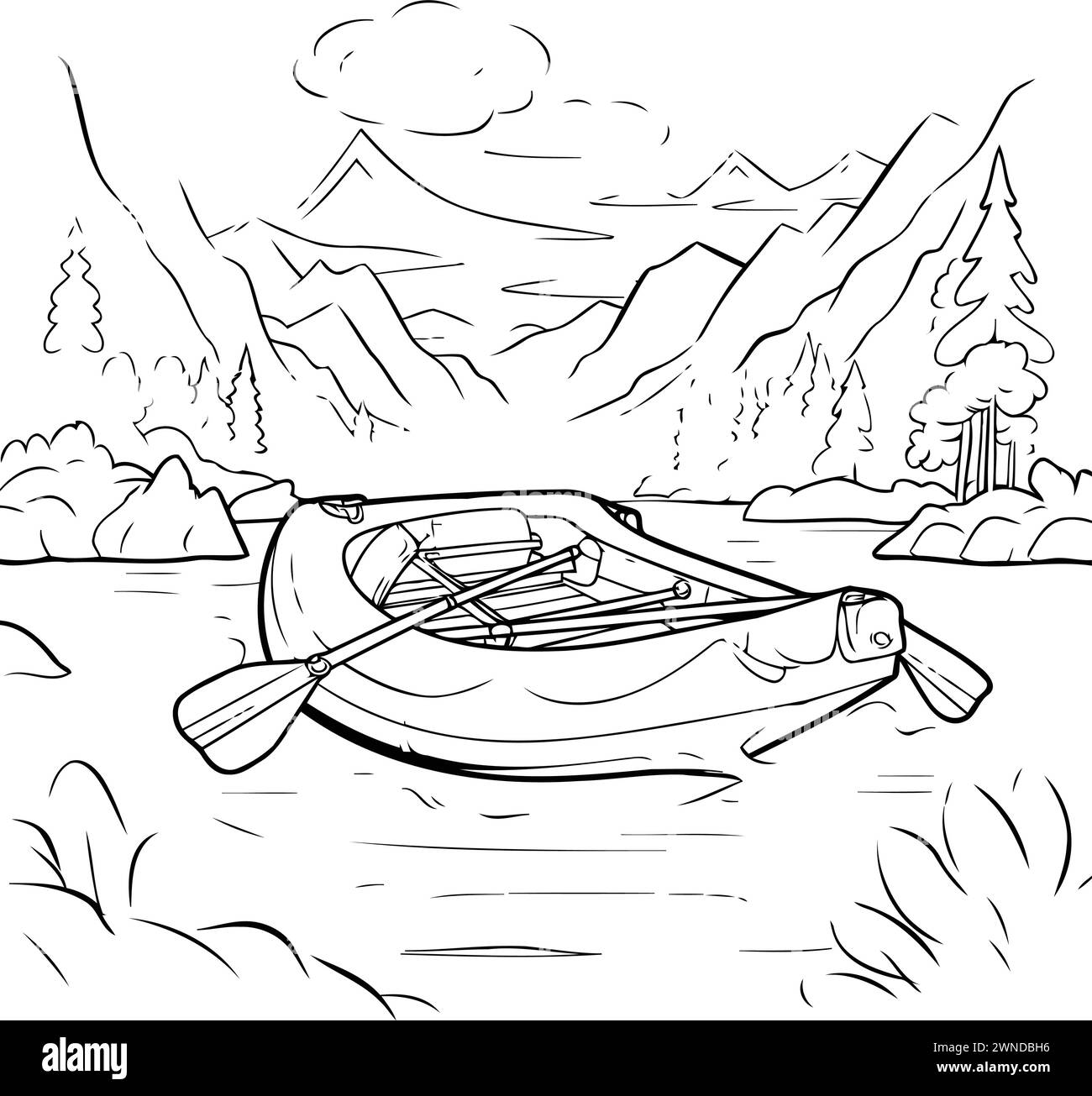 Hand drawn sketch of a canoe on the river. Vector illustration Stock ...