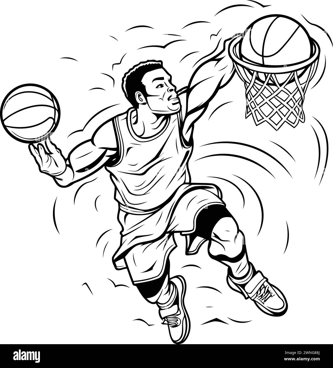 Basketball player jumping with ball. Black and white vector ...