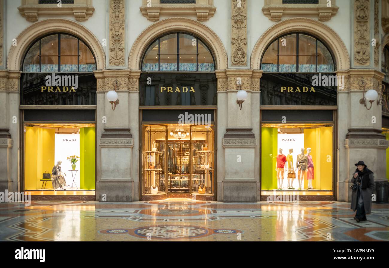 The Prada designer store inside Galleria Vittorio Emanuele II in Milan, Italy. Stock Photo