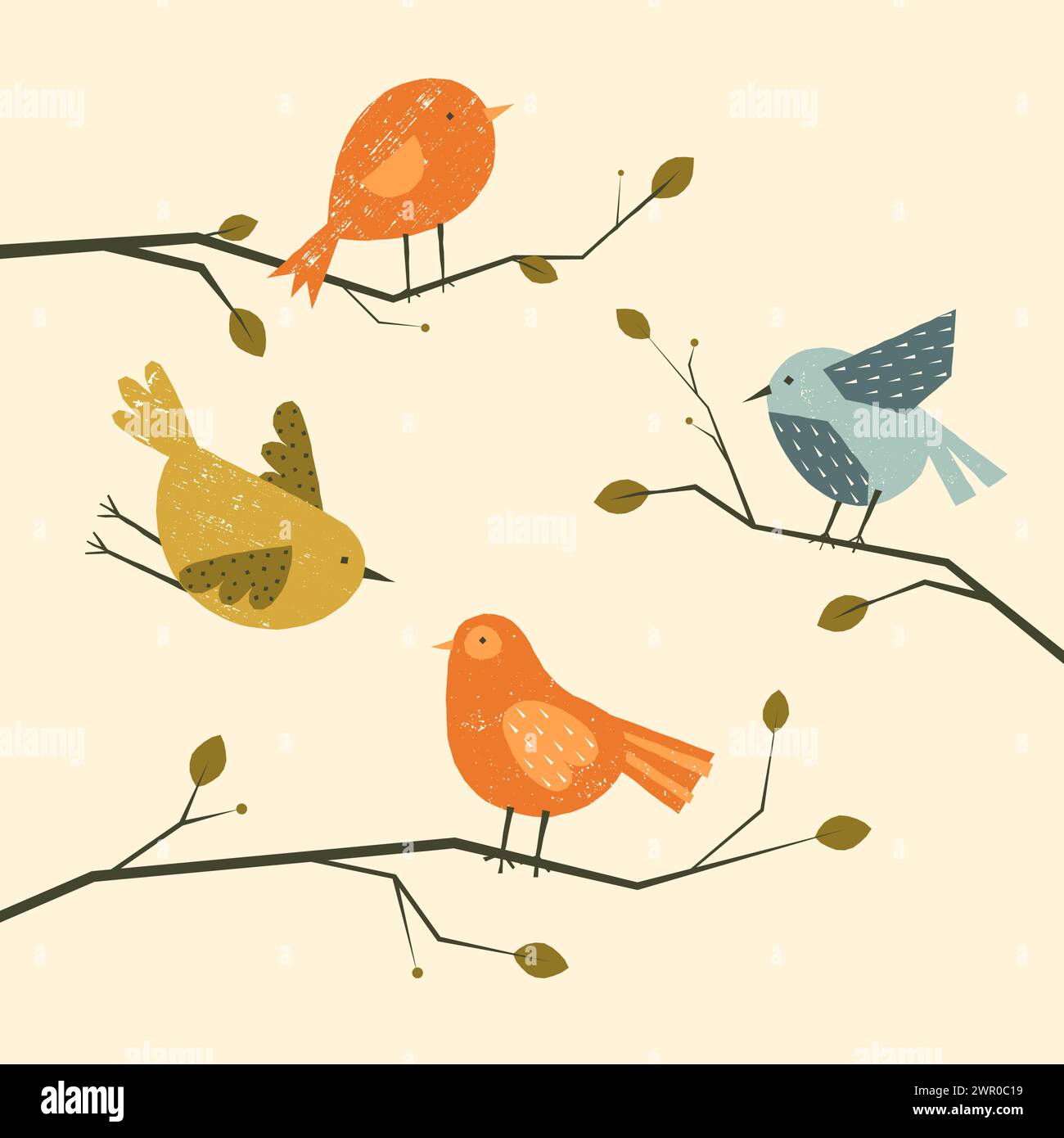 Cute birds on trees. Cartoon colorful spring and summer animals on branches with flowers, childish graphic design elements. Vector isolated set Stock Vector