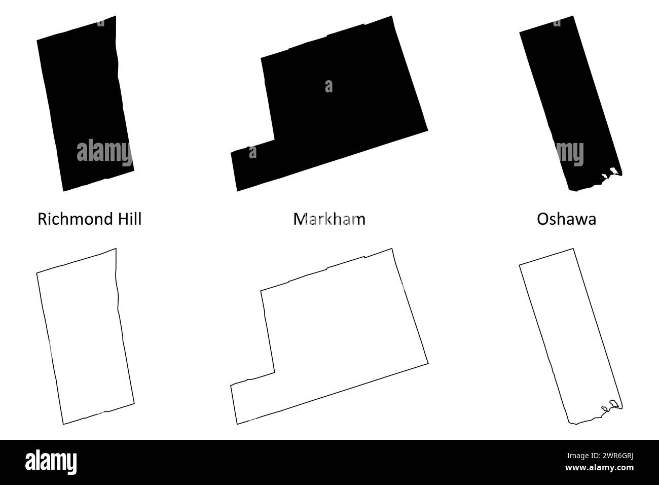 Richmond Hill, Markham and Oshawa city (Canada, Ontario Province) map vector illustration, scribble sketch map Stock Vector