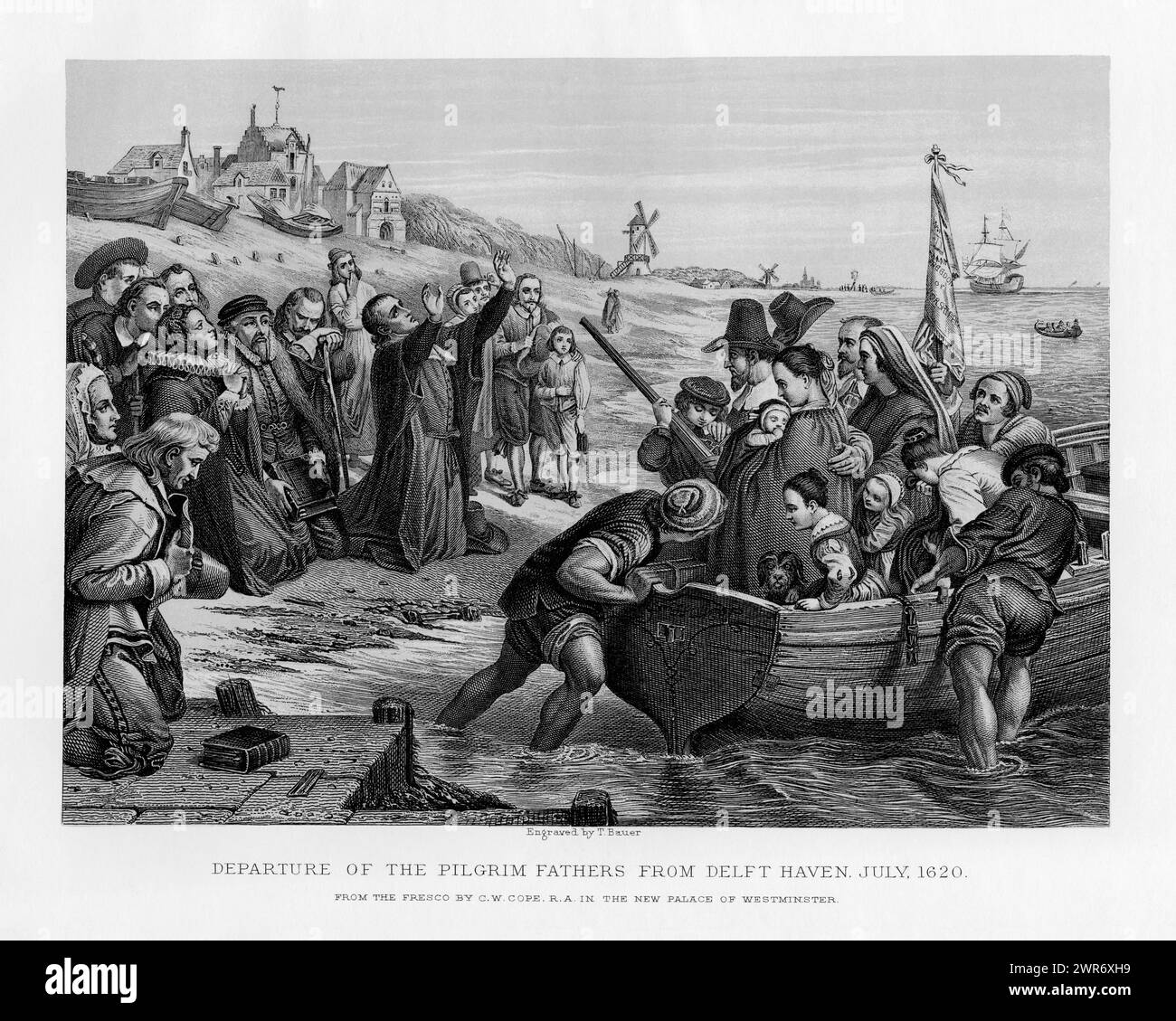 Pilgrim Fathers depart from Delfshaven, formerly the port of Delft, in the Netherlands in July 1620.  Antique engraving, first published in 1878.  Engraved by T. Bauer after a fresco by Charles West Cope R.A. Stock Photo