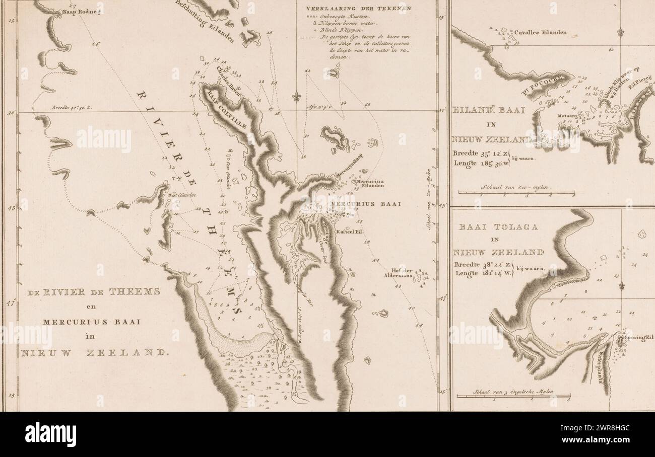 Map of three bays in New Zealand, The River Thames and Mercury Bay in New Zealand, Island Bay in New Zealand, Tolaga Bay in New Zealand (title on object), Numbered top right: 7., print maker: anonymous, publisher: Abraham Honkoop (II), publisher: Johannes Allart, publisher: Leiden, publisher: Amsterdam, publisher: The Hague, 1797, paper, etching, height 290 mm × width 446 mm, print Stock Photo