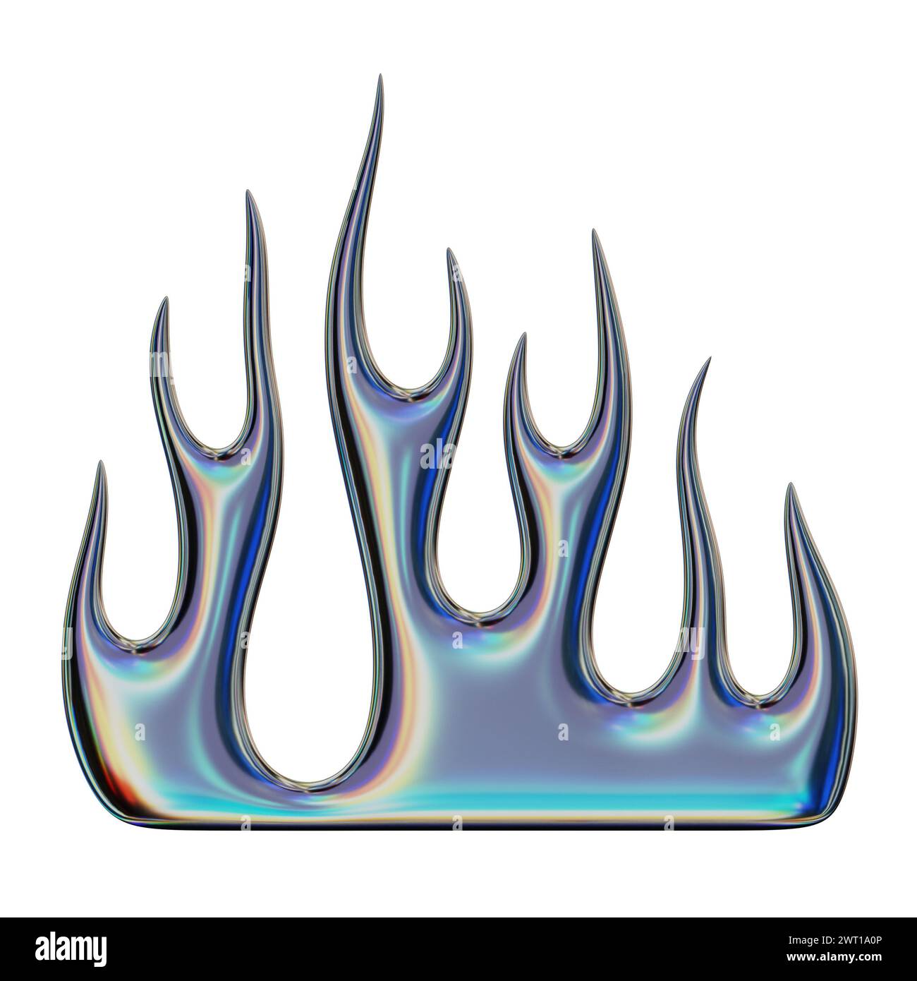 3D flame. Trendy Y2K element. Iridescent colorful burning fire shape with glossy chromium effect. 3D render. Isolated illustration. Stock Photo