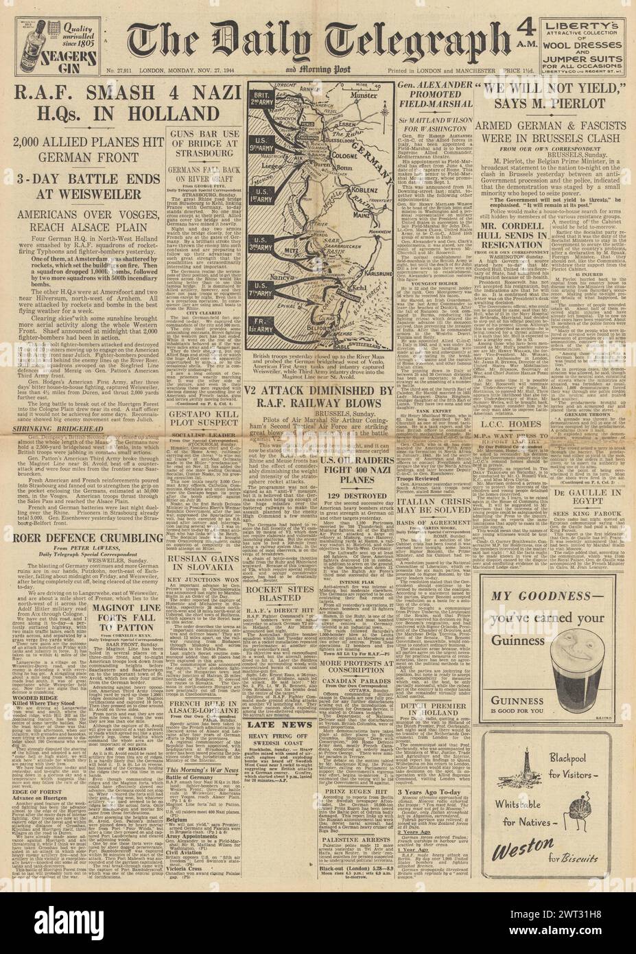 1944 The Daily Telegraph front page reporting RAF bomb Holland, Cordell Hull resigns, Sir Harold Alexander made a Field Marshal and US forces capture Weisweiler Stock Photo