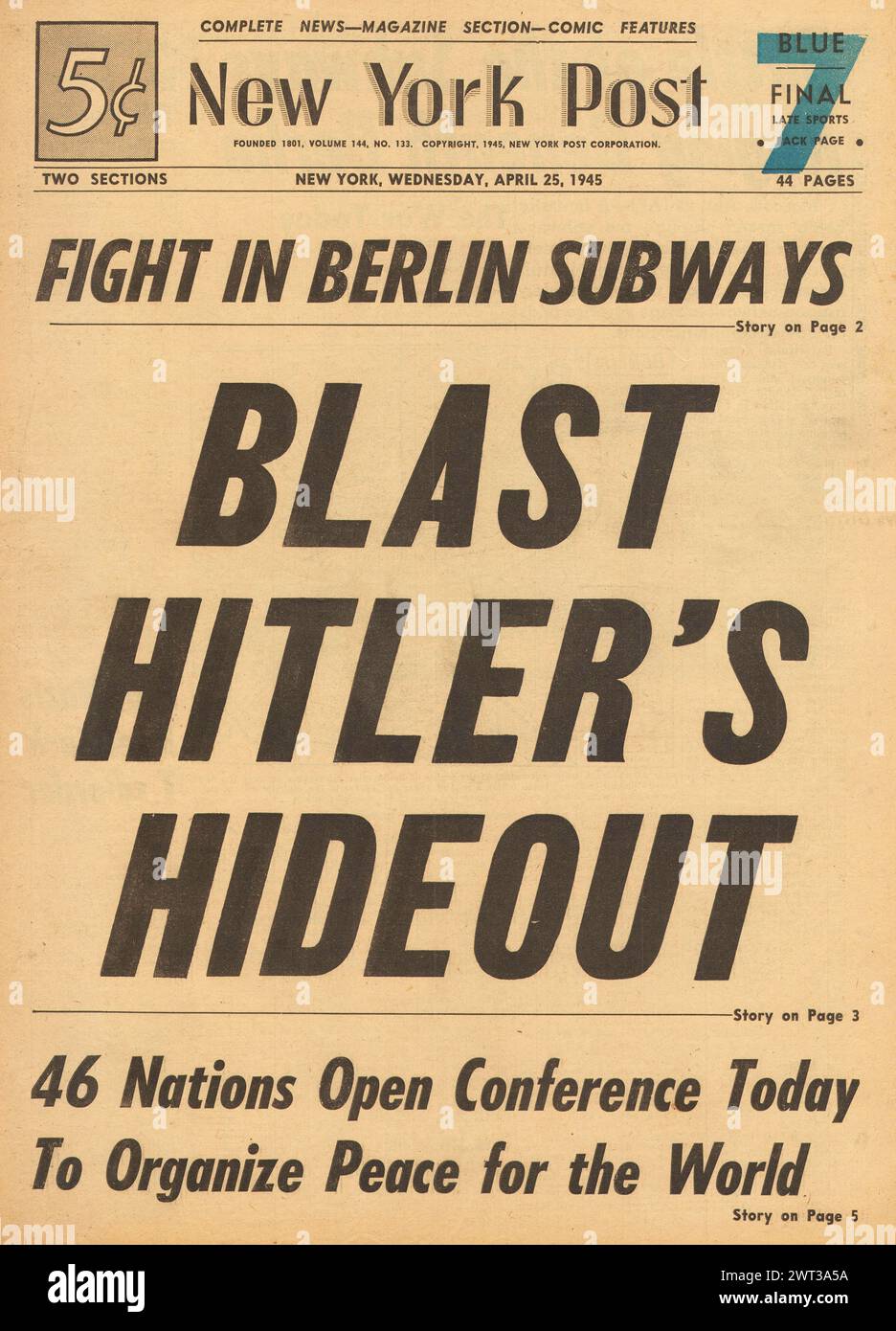 1945 New York Post front page reporting Battle for Berlin and Allied aircraft bomb Berchtesgaden Stock Photo