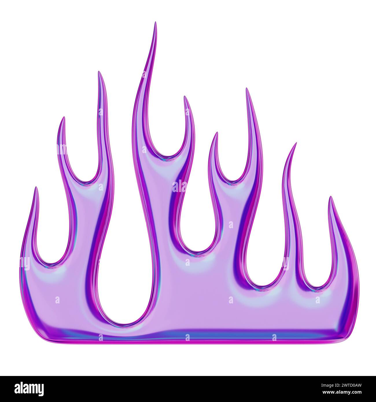 3D flame. Trendy Y2K element. Purple iridescent colorful burning fire shape with glossy gradient effect. 3D render. Isolated illustration. Stock Photo