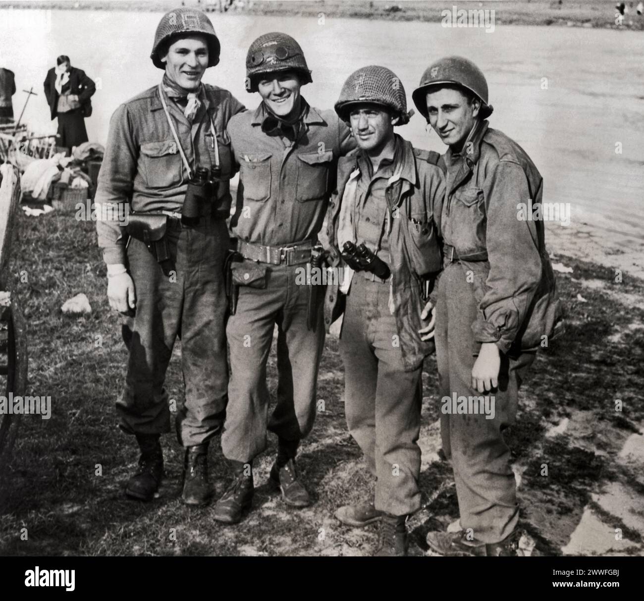 Torgau, Germany,  May 4, 1945 These Yankee soldiers of the 1st battalion, 273rd infantry of the 69th division, U.S. First army, were among the first to greet the advancing Russian soldiers as the two allied armies linked up at Torgau on the Elbe river. They are, left to right; PFC Frank B. Huff Washington, VA.; CPL. James J. Mcdonnell, Peabody, Mass.; Lieut. William D. Robertson, Los Angeles, Calif., and PFC Paul Staus, Bronx, N.Y. Stock Photo