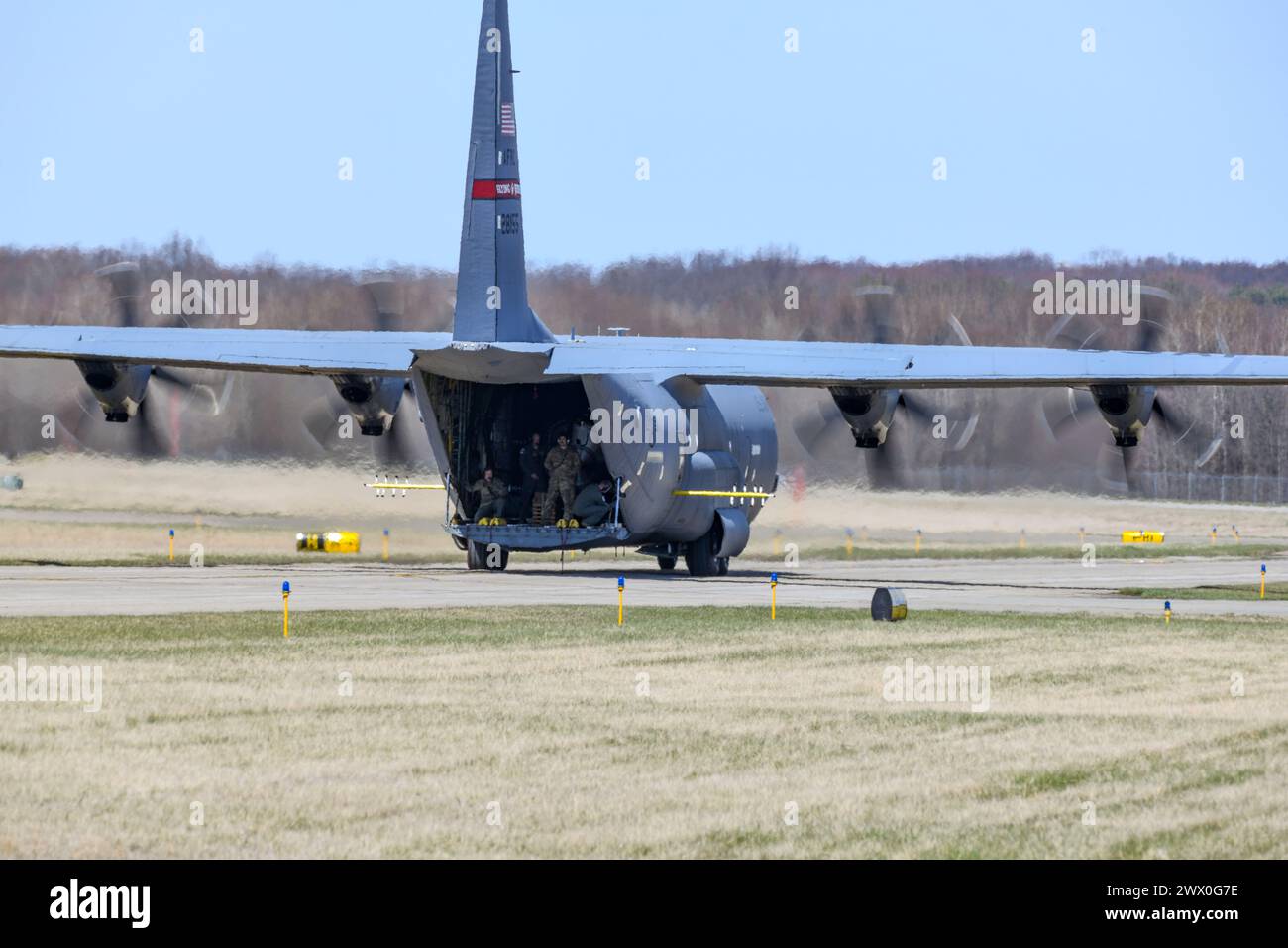 A C-130J-30 Super Hercules aircraft from Keesler Air Force Base, Mississippi, taxis back to the ramp at Youngstown Air Reserve Station, Ohio, after a flight test of the 910th Airlift Wing's unique electronic modular aerial spray system, March 25, 2024. The flight test was performed to ensure the operability of the spray system aboard the airframe as the 910th prepares to upgrade its aging C-130H Hercules fleet to new J-30 models. The project was carried out in partnership between 910th Airlift Wing maintenance personnel and aerial spray specialists, members of the Warner Robins Air Logistics C Stock Photo