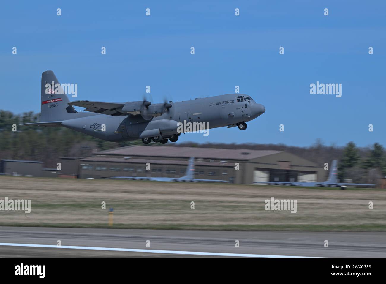 A C-130J-30 Super Hercules aircraft from Keesler Air Force Base, Mississippi, takes off at Youngstown Air Reserve Station, Ohio, as part of a flight test of the 910th Airlift Wing's unique electronic modular aerial spray system, March 25, 2024. The flight test was performed to ensure the operability of the spray system aboard the airframe as the 910th prepares to upgrade its aging C-130H Hercules fleet to new J-30 models. The project was carried out in partnership between 910th Airlift Wing maintenance personnel and aerial spray specialists, members of the Warner Robins Air Logistics Complex C Stock Photo