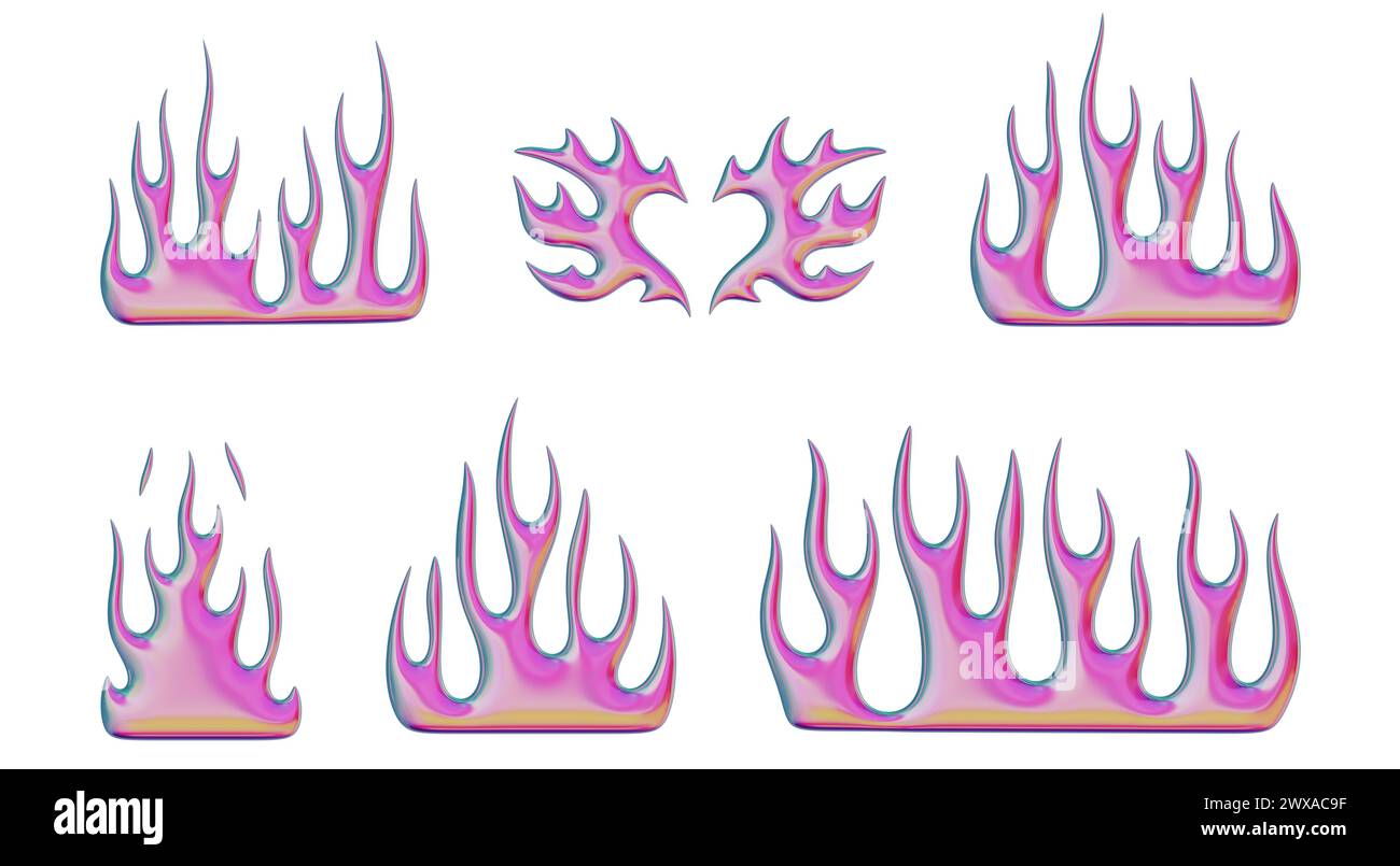 3D flames. Set of trendy Y2K elements. Gradient pink burning fire shapes with the effect of transfusion of colors. 3D render. Illustrations are isolat Stock Photo