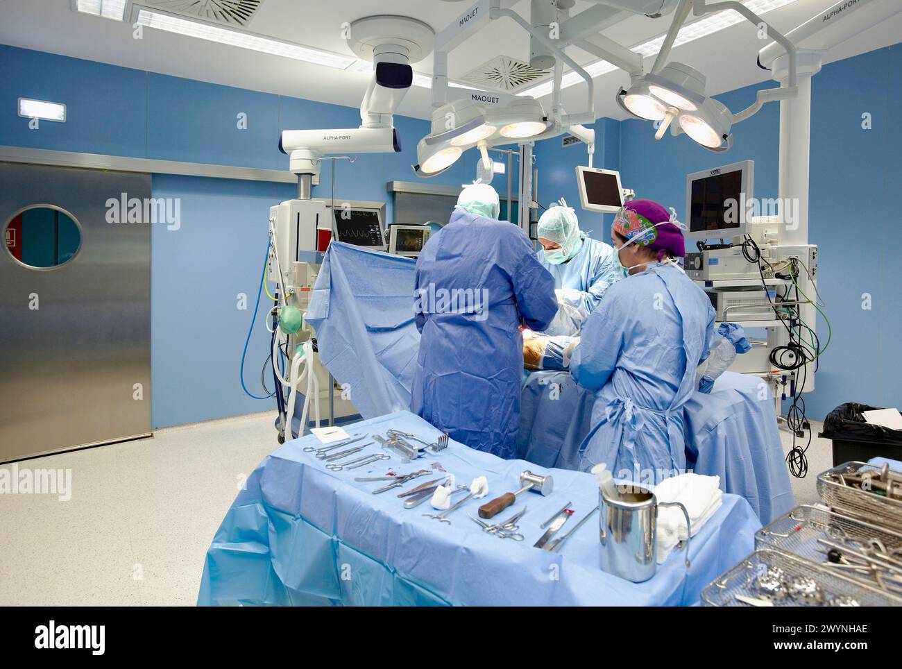 Hip joint replacement, traumatology operating room. Hospital ...