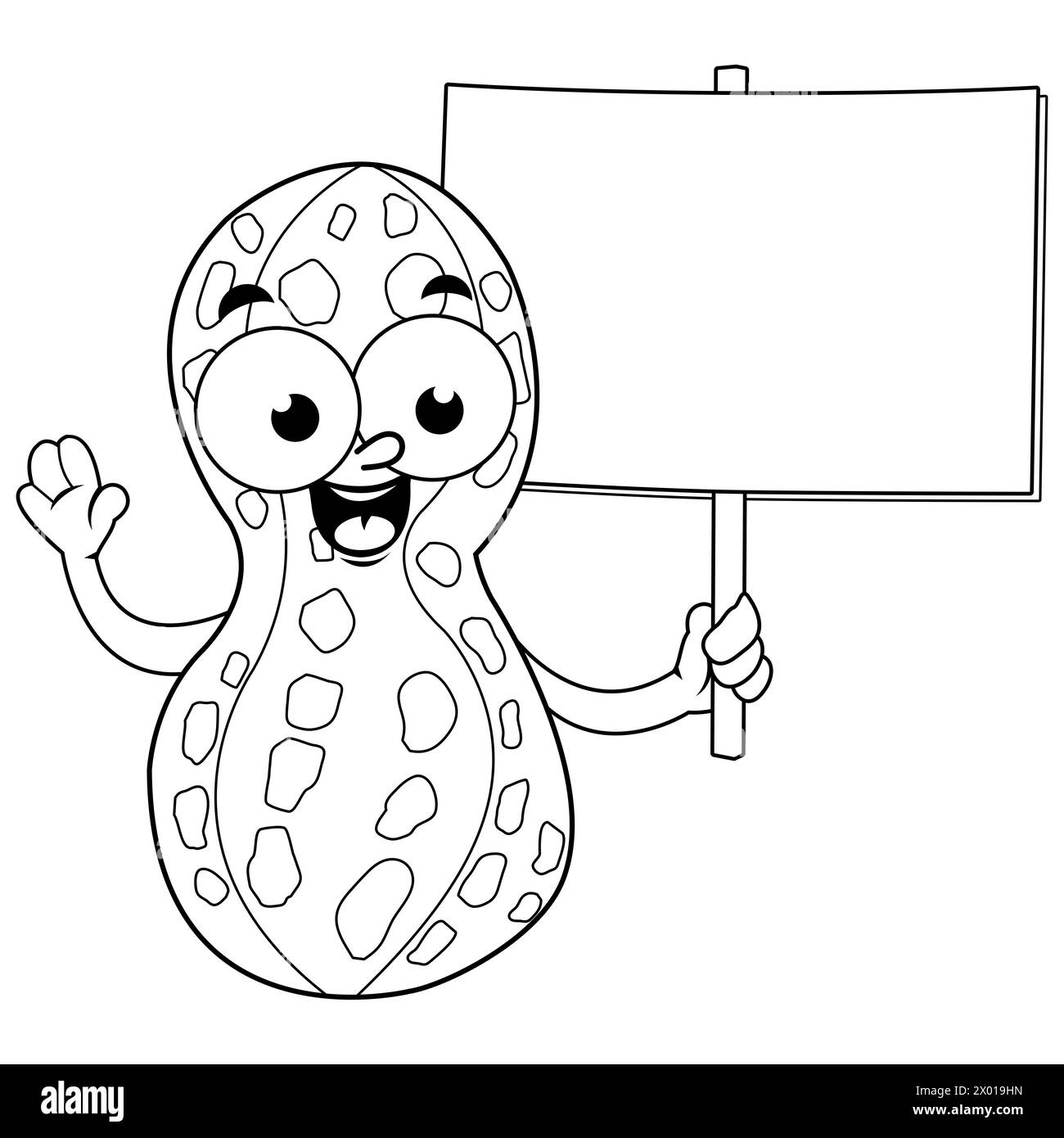 A happy cartoon peanut character holding a blank sign. Black and white coloring page Stock Photo