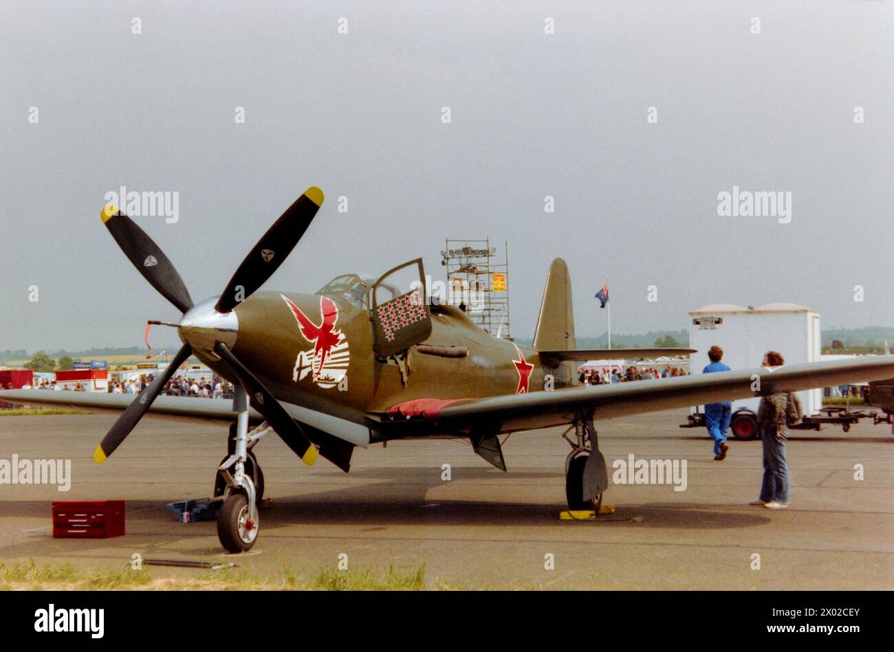 The Fighter Collection Bell RP-63C Kingcobra Second World War fighter plane N62822 in Russian, Soviet Air Force colours at the North Weald Fighter Meet airshow in May 1988. Stock Photo