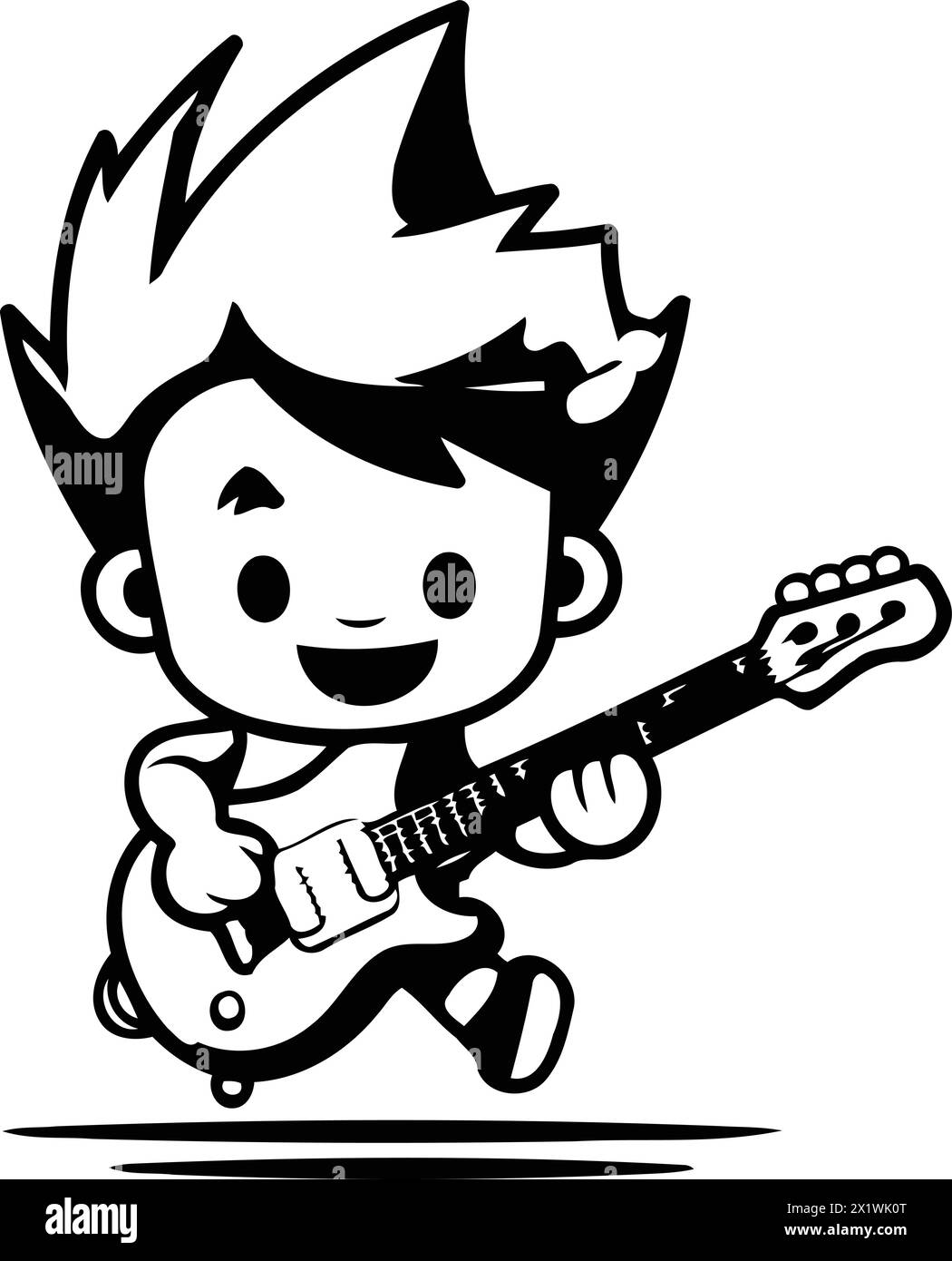 Boy playing guitar cartoon vector illustration. Cute little boy playing ...