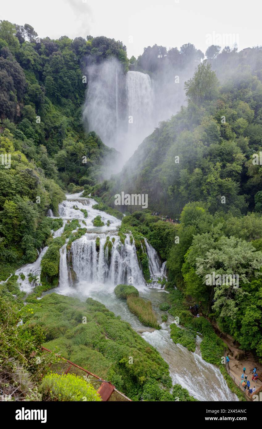 Terni, Italy - April 26, 2024: Cascata delle Marmore (Marmore Falls), the largest man-made waterfall in the world (165 meters - 541 feet). Stock Photo