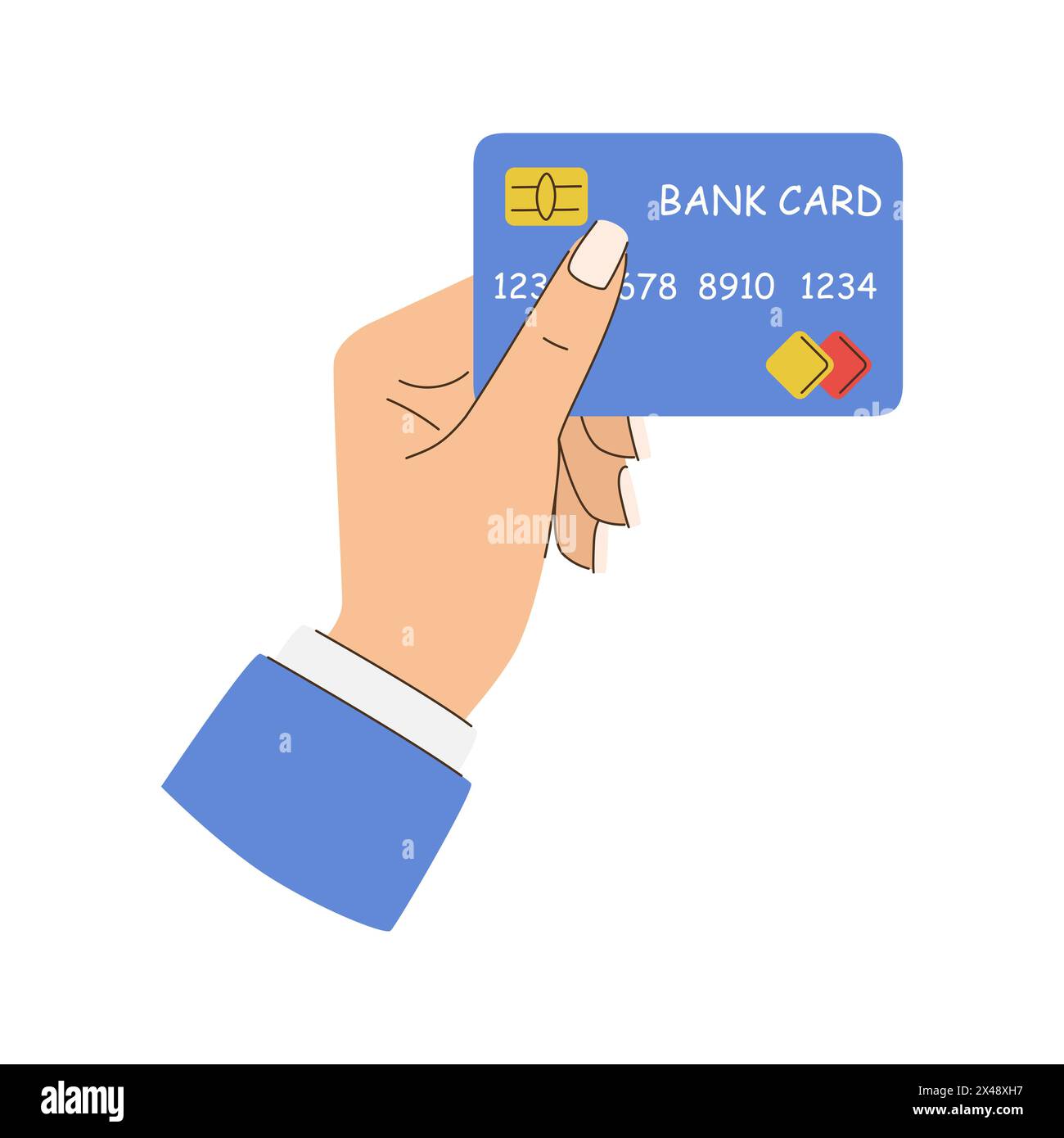 The hand is holding the bank card in a way that it looks like it is being used. Flat vector illustration isolated on white background. Stock Vector