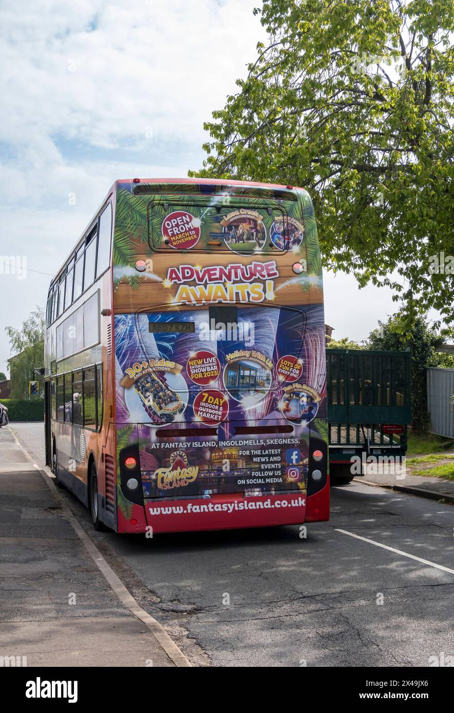 Advertisement for Fantasy Island Skegness, Lincolnshire, England, UK, on rear of double deck bus Stock Photo