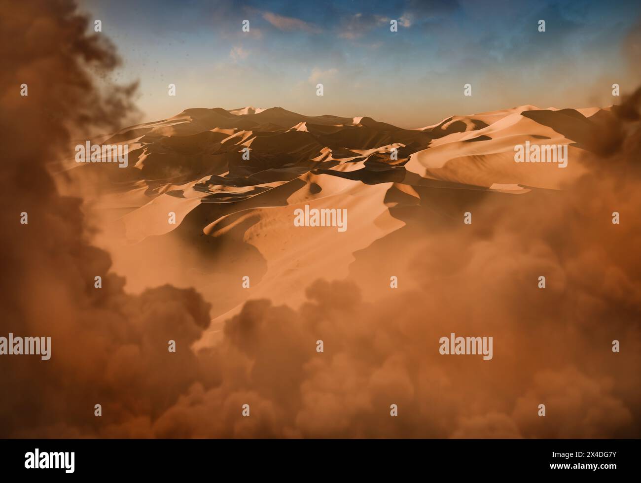 Sand dunes Sahara Desert at sunset and sandstorm, 3D illustration Stock Photo