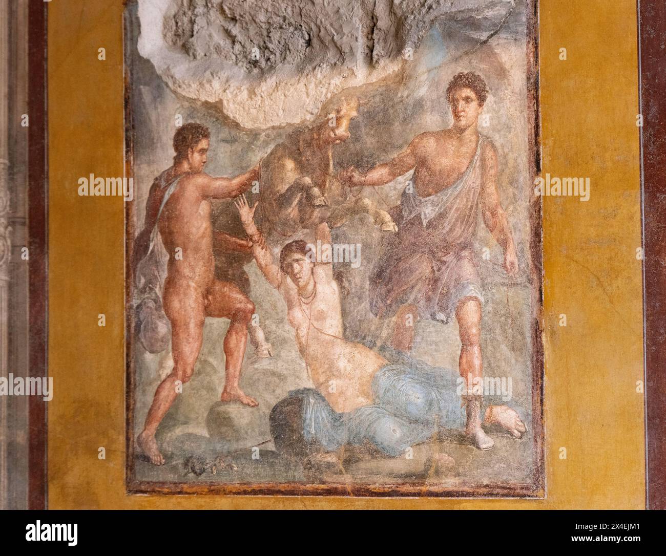 Pompeii fresco, 'The punishment of Dirce', in the House of the Vettii, Pompeii Italy; 1st Century AD; Roman painting, example of mythological art. Stock Photo