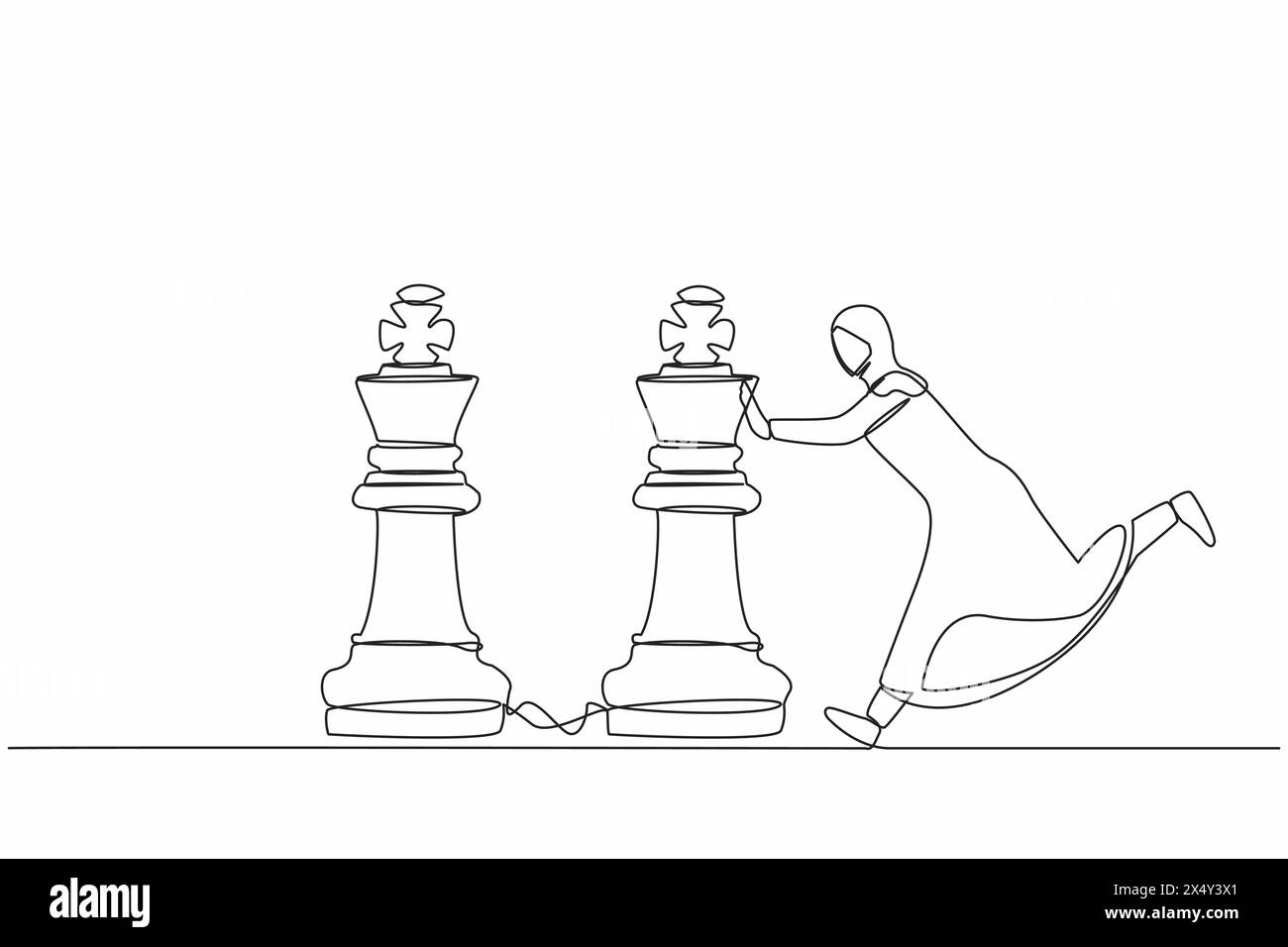 Continuous one line drawing active Arab businesswoman push huge king chess piece to beat another king. Business strategy, marketing plan, winning game Stock Vector