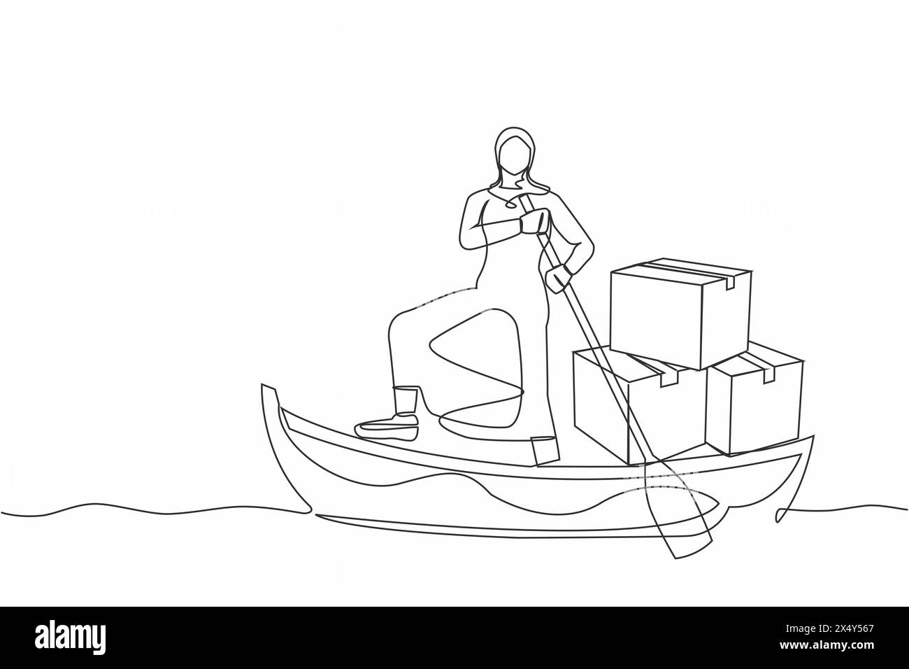 Single one line drawing Arab businesswoman standing in boat and sailing with pile of cardboard. Shipping through the ocean. Delivery and packaging. Co Stock Vector