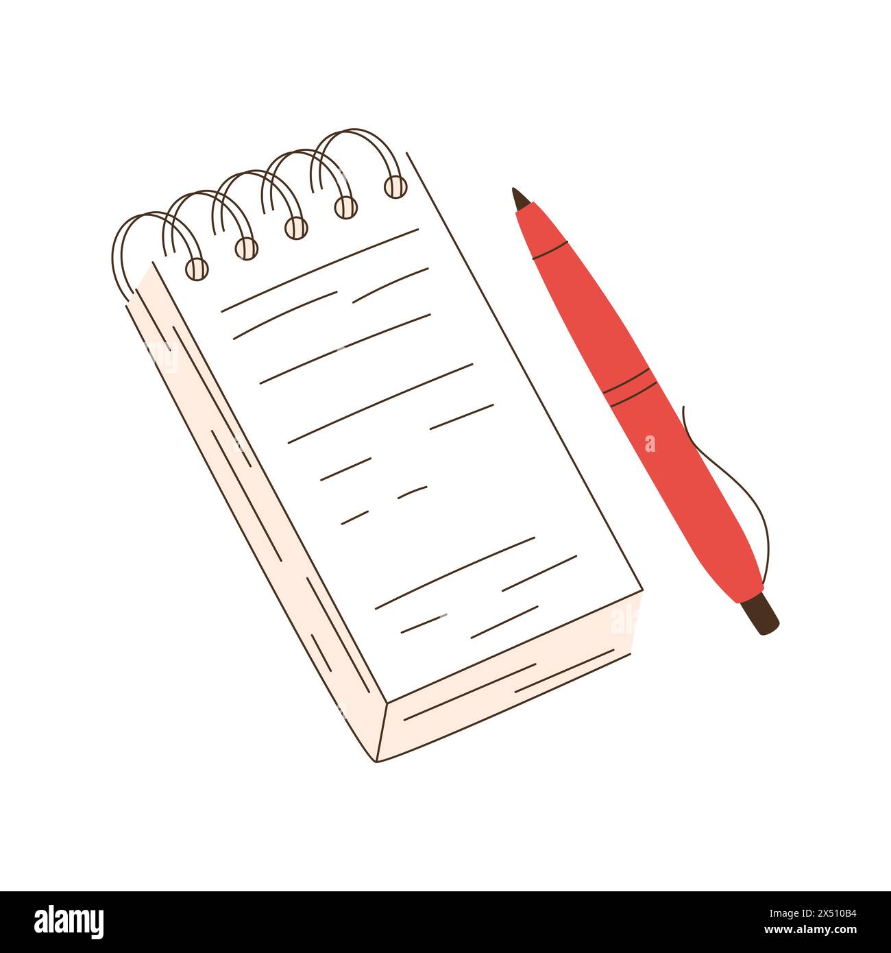 A red pen and a spiral-bound notebook. Office stationery. Flat vector illustration isolated on white background. Stock Vector