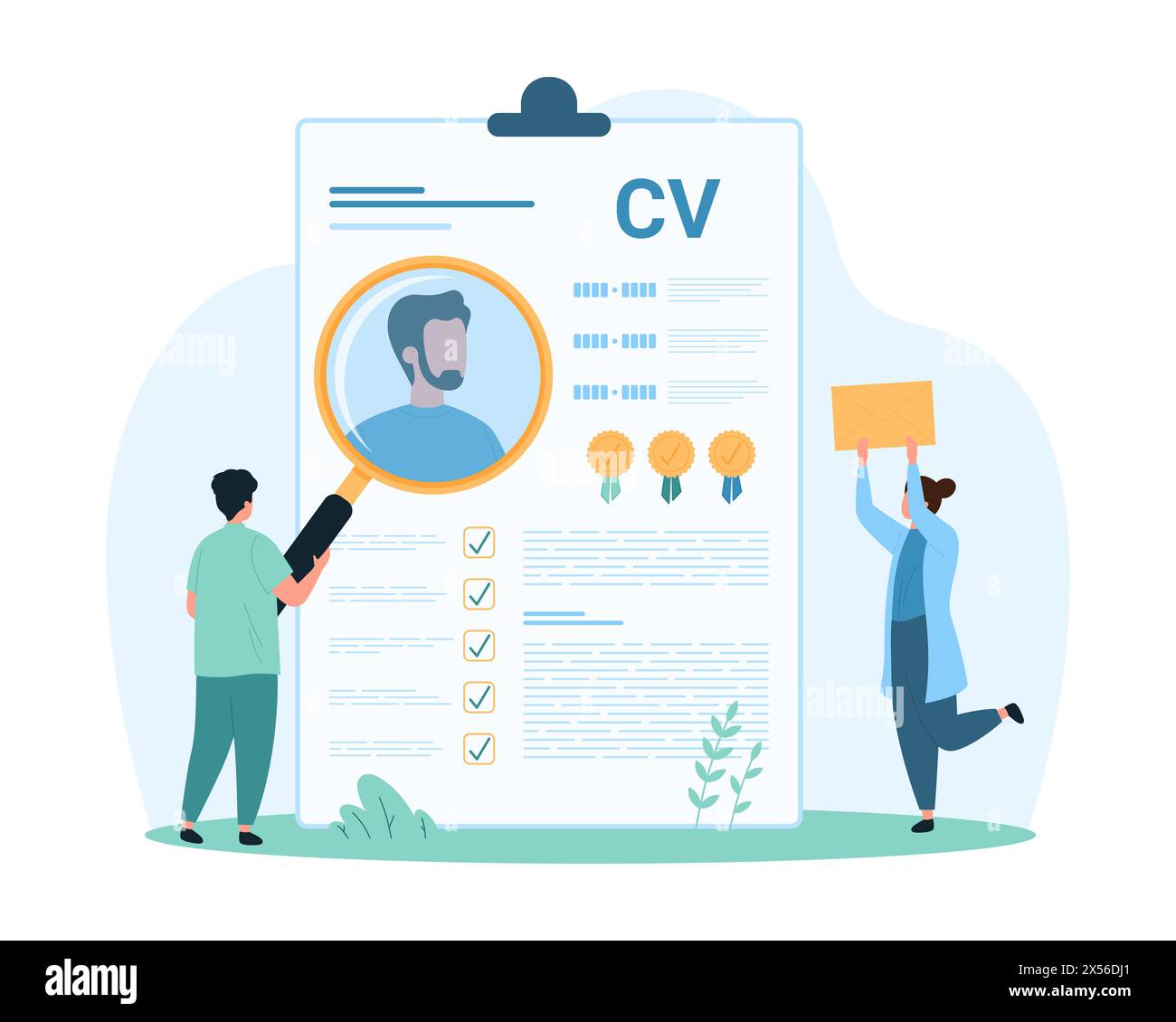 Company employment, search of qualified candidate. Tiny employees of HR team research with magnifying glass CV data of man on clipboard, choose recruit for interview cartoon vector illustration Stock Vector