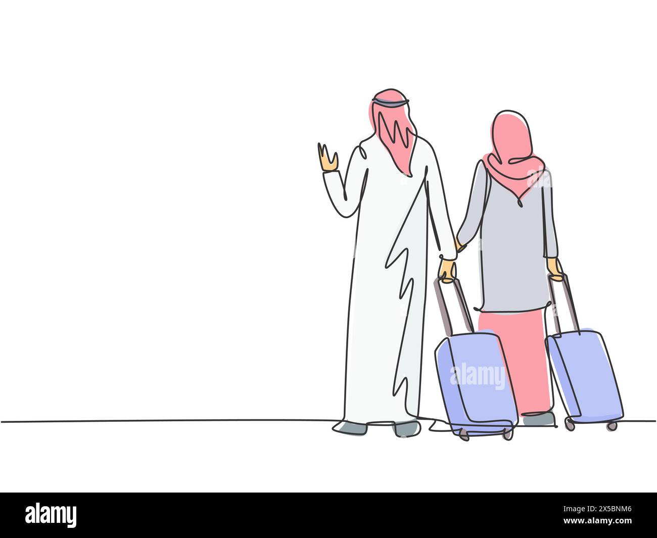 One continuous line drawing of young male and female muslim couple do business trip to abroad together. Islamic clothing hijab, kandura, scarf, keffiy Stock Vector