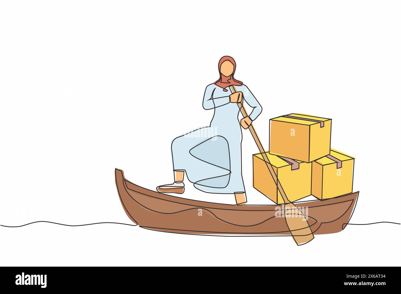 Single one line drawing Arab businesswoman standing in boat and sailing with pile of cardboard. Shipping through the ocean. Delivery and packaging. Co Stock Vector