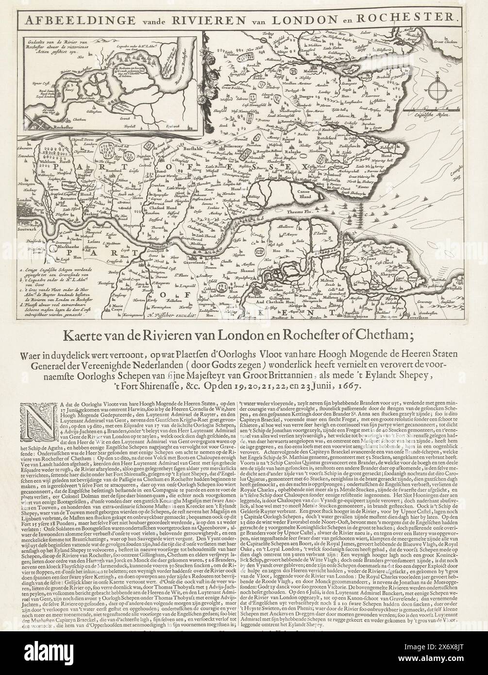 Map of the Thames Estuary with the Journey to Chatham, 1667, Image of the Rivers of London and Rochester (title on object), Map of the Rivers of London and Rochester or Chetham; Where in duydelick is shown, on what Plaetsen d'Oorloghs Fleet of Her Highness the Lords of the United States (...), Map of the mouth of the Thames showing the Journey to Chatham by the ships of the Dutch fleet under Admiral De Ruyter is indicated, 20-23 June 1667. Top left an inset with a detailed map of the River Medway. A description is printed in 2 columns under the plate., print, print maker: anonymous, publisher Stock Photo