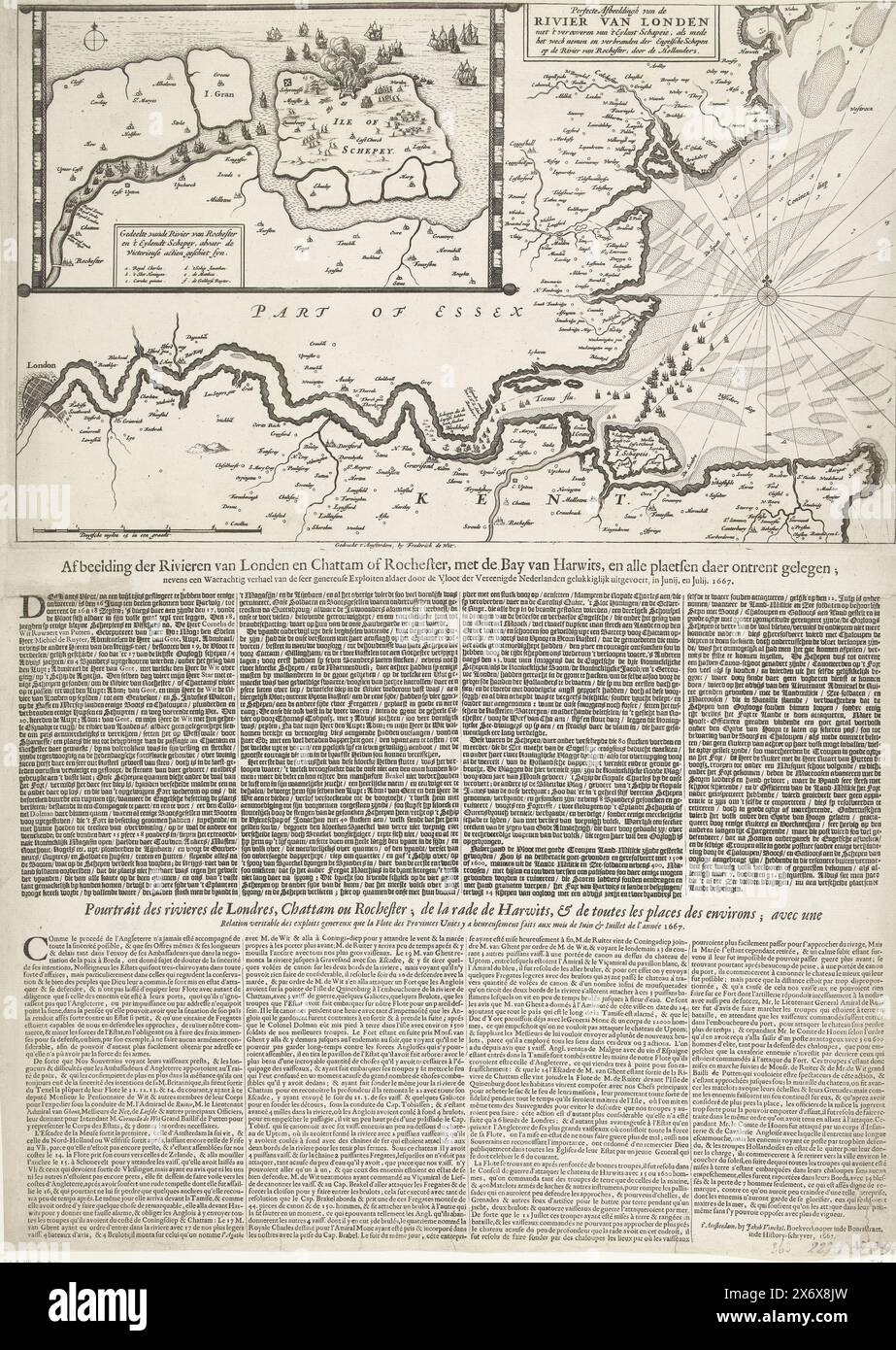 Map of the Thames Estuary with the Journey to Chatham, 1667, Perfect Depiction of the River of London with the Capture of 't Eylandt Schapei (...) (title on object), Depiction of the Rivers of London and Chattam of Rochester, with the Bay of Harwits, and all the places around it (...) (title on object), Pourtraict des Rivieres de Londres, Chattam ou Rochester; de la rade de Harwits, & de toutes les places des environs (...) (title on object), Map of the mouth of the Thames showing the Journey to Chatham by the Dutch fleet under Admiral De Ruyter, 20-23 June 1667. Top left an inset with a Stock Photo