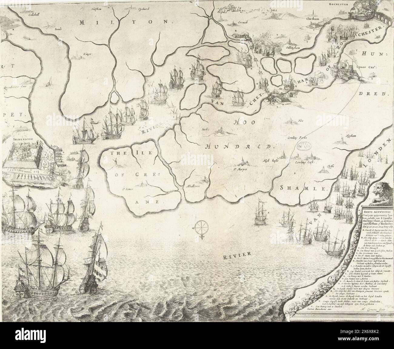 Map of the estuary of the Thames showing the Journey to Chatham, 1667, Map of the estuary of the Thames showing the Journey to Chatham by the ships of the Dutch fleet under Admiral De Ruyter, 20-23 June 1667. On the left, the battle around Sheerness, above the Dutch ships on the River Medway. Bottom right a lion on a pedestal with the legend A-V., print, print maker: Michiel Comans (II), (mentioned on object), publisher: Justus Danckerts, (mentioned on object), print maker: Northern Netherlands, publisher: Amsterdam, 1667, paper, etching, height, 416 mm × width, 509 mm Stock Photo