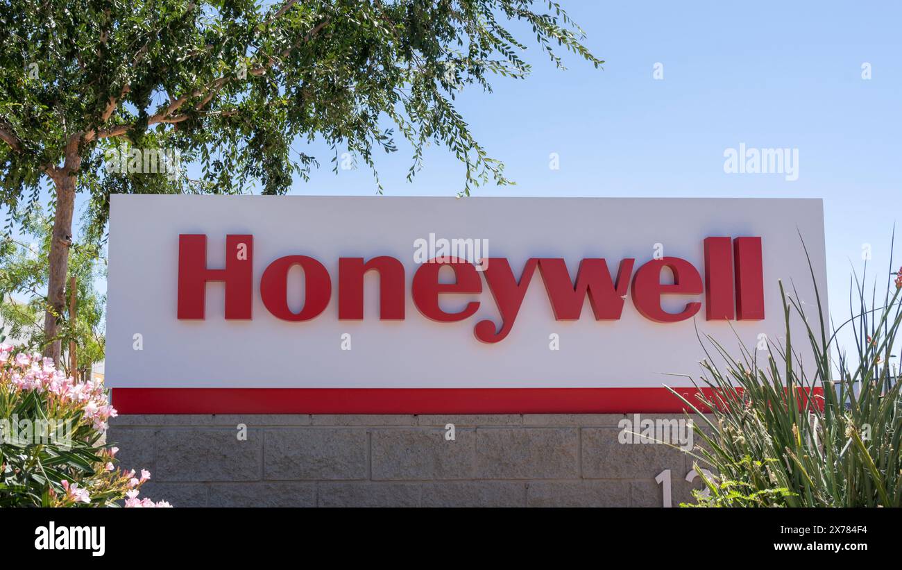 Close up of Honeywell ground sign is seen in Tempe, AZ, USA Stock Photo