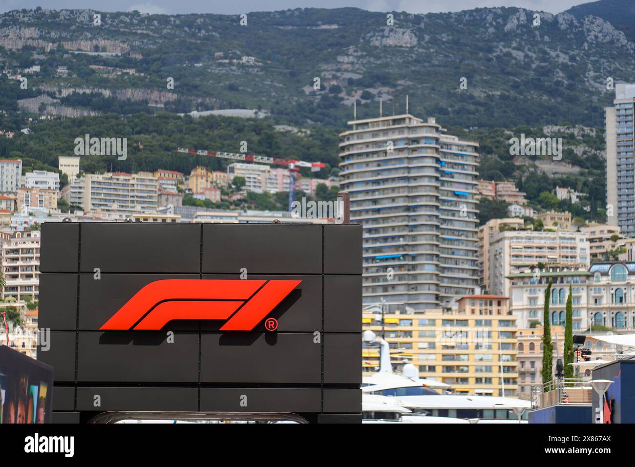 Monaco, Principality Of Monaco. 23rd May, 2024. F1 Logo in Monaco Harbor during Formula 1 Grand Prix de Monaco 2024 at Monte Carlo (MC), may 23-26 2024 Credit: Independent Photo Agency/Alamy Live News Stock Photo