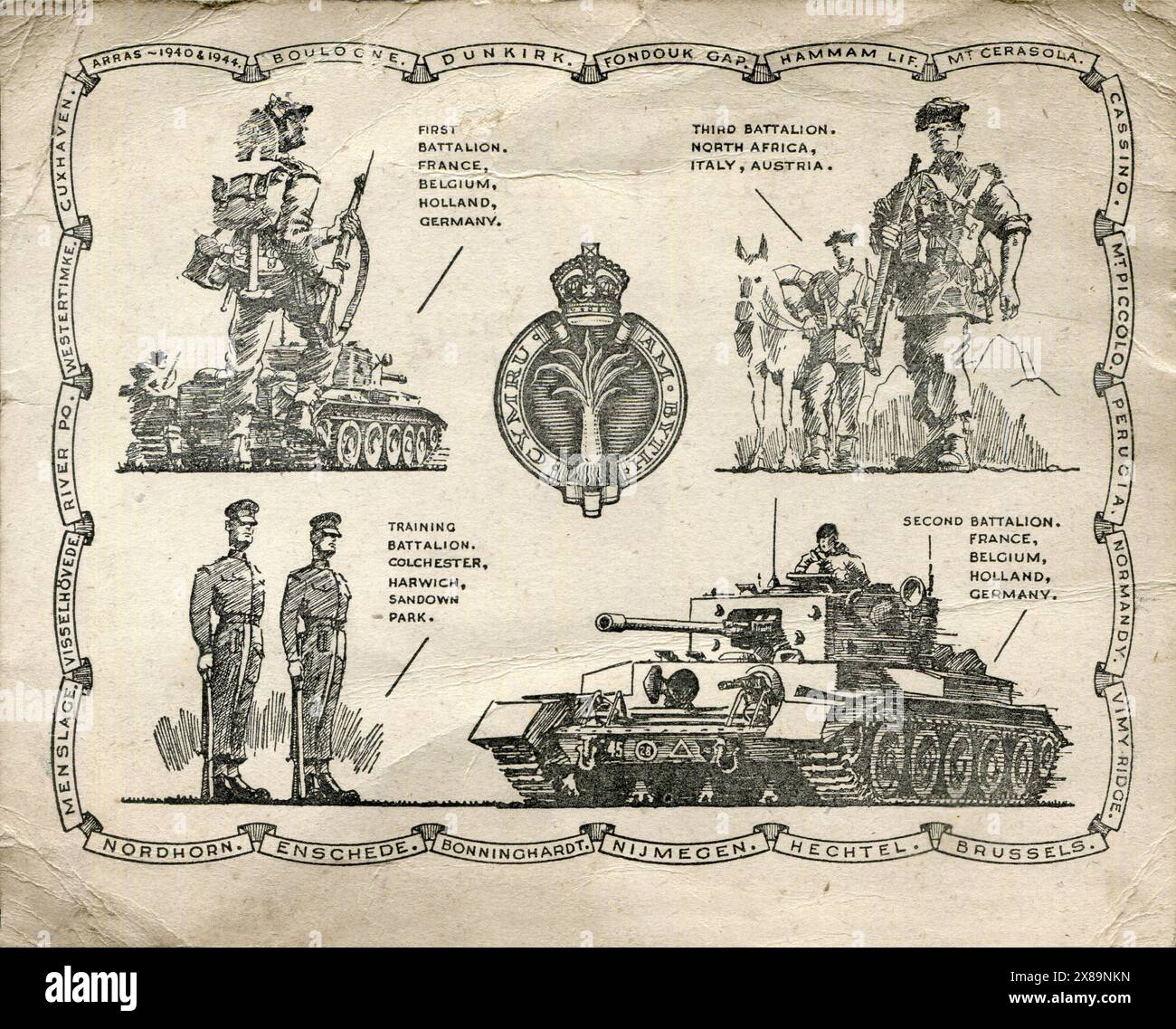 Welsh Guards Christmas Card 1944. Drawn by Lance Sergeant G S Murrell. The card features the 3 x battalions of the Welsh Guards deployed in Holland, Germany and Italy at that time. Stock Photo